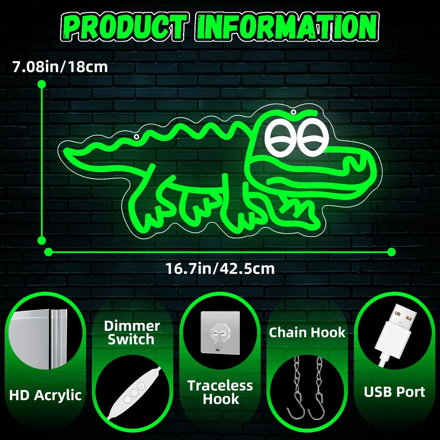 QEOICINH Cute Crocodile Neon Sign, Green LED Neon Light for Kids Room Decor, Playroom, Pet Shop, USB Powered neon signs for wall decor, Ideal Baby