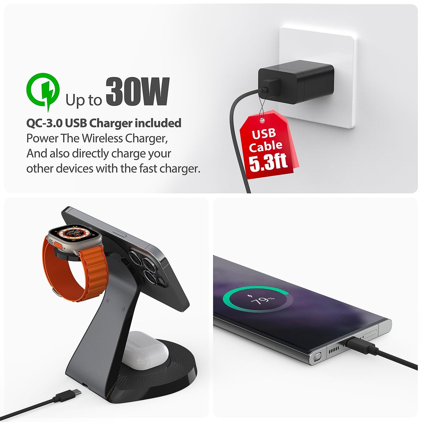 3 in 1 Charging Station for Apple Devices,Mag-Safe Charger Stand Fast Charging,Wireless Charger for iPhone 16/15/14/13/12 Series,& AirPods