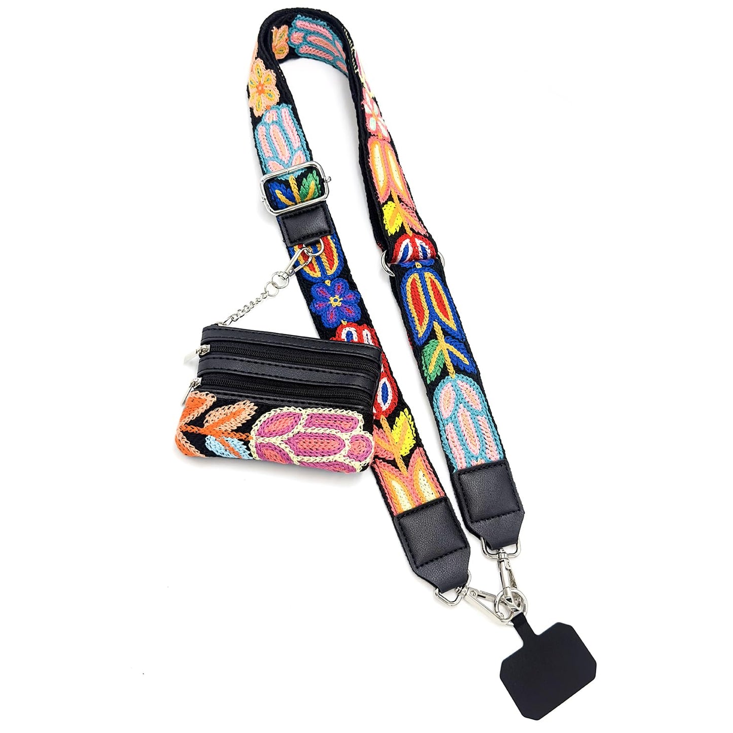 PowerDriver Clip and Go Strap for Phone with Wallet Crossbody,Cute Flower Embroidered Cellphone Lanyard for All Phones (Four Leaf Clover-Black) (Four