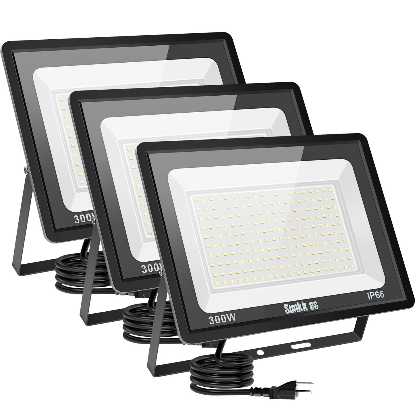 Sunkkes 3 Pack 300W LED Flood Light Outdoor, IP66 Waterproof with Plug, 6000K Daylight White Security Lights Outside Lamp, Exterior Floodlights