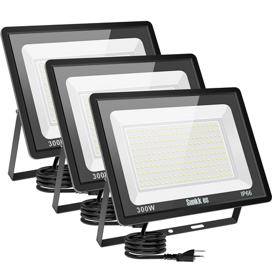 Sunkkes 3 Pack 300W LED Flood Light Outdoor, IP66 Waterproof with Plug, 6000K Daylight White Security Lights Outside Lamp, Exterior Floodlights