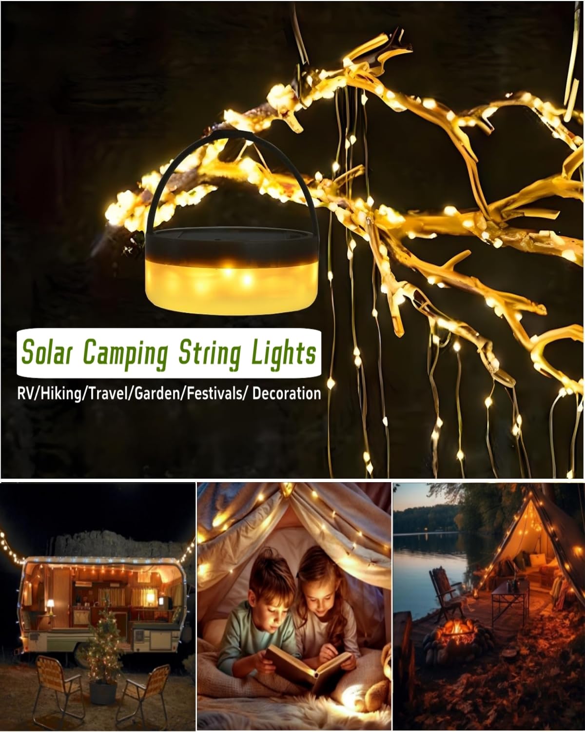 Solar Camping String Lights, 39.4 FT Fairy String Light, 4 in 1 Portable Waterproof Camp LED Lamp with 8 Lighting Modes, Hanging Rechargeable Tent