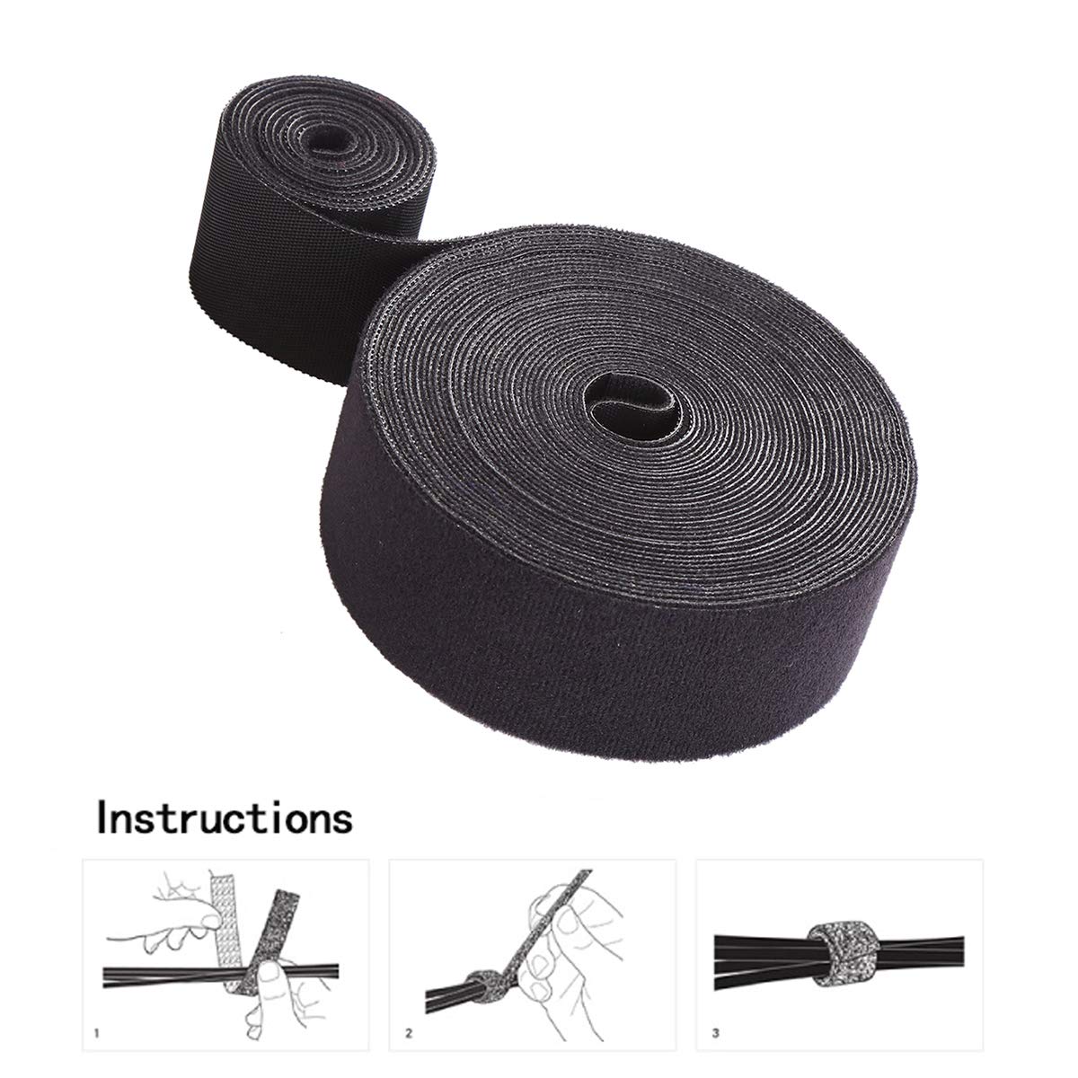 Reusable Fastening Tape Cable Ties Roll 2 Inch Double Side Hook Roll Hook and Loop Cord Management Wire Organizer Straps Black 5 Yard