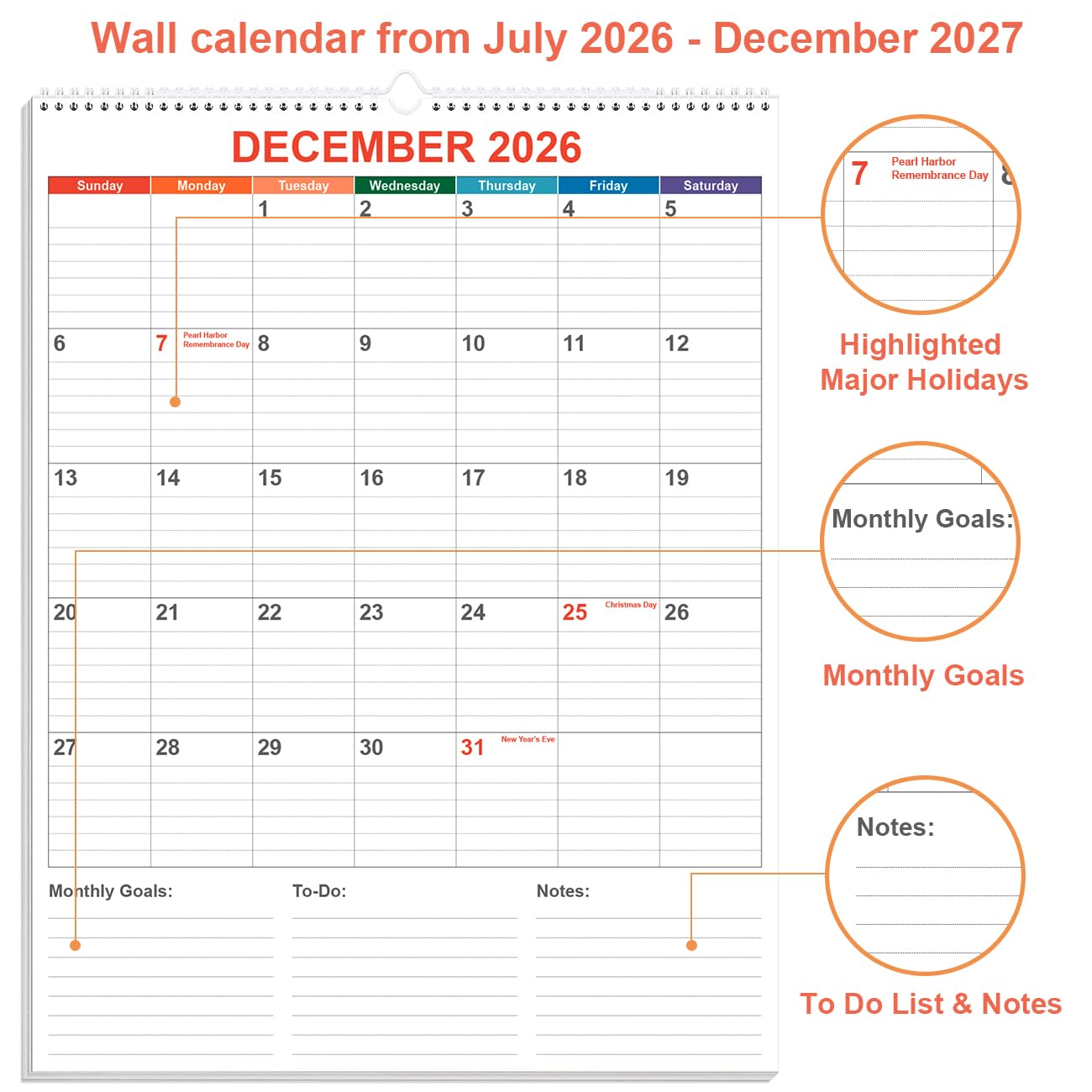 Large Calendar 2026 with Spiral Bound - 18 Month Big Calendar from January 2026 to June 2027, Vertical Large Monthly Calendario 2026 for Wall, 22" x