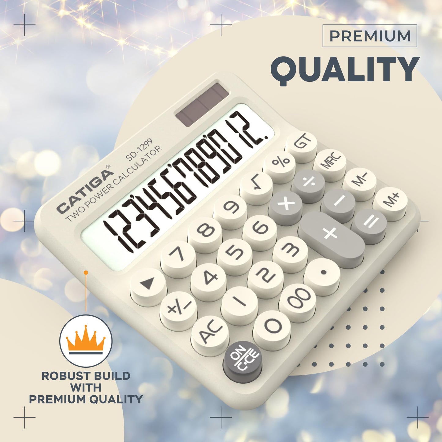 CATIGA Mechanical Switch Calculator with Solar and Battery Dual Power, 12-Digit Large LCD Display, Aesthetic and Cute Desktop Calculator with Big