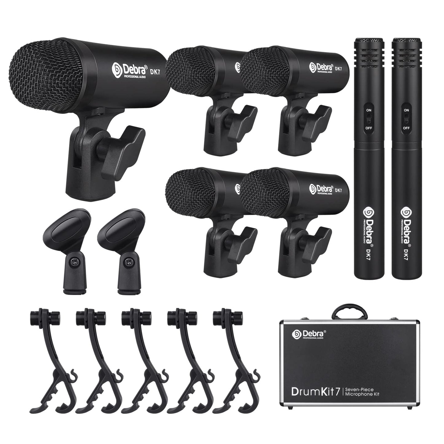 D Debra DK7 Pro 7-Piece Wired Drum Microphone Kit for Performing and Recording Drummers, Includes Mics, Mic Clip with Options for Kick Drums, Snare