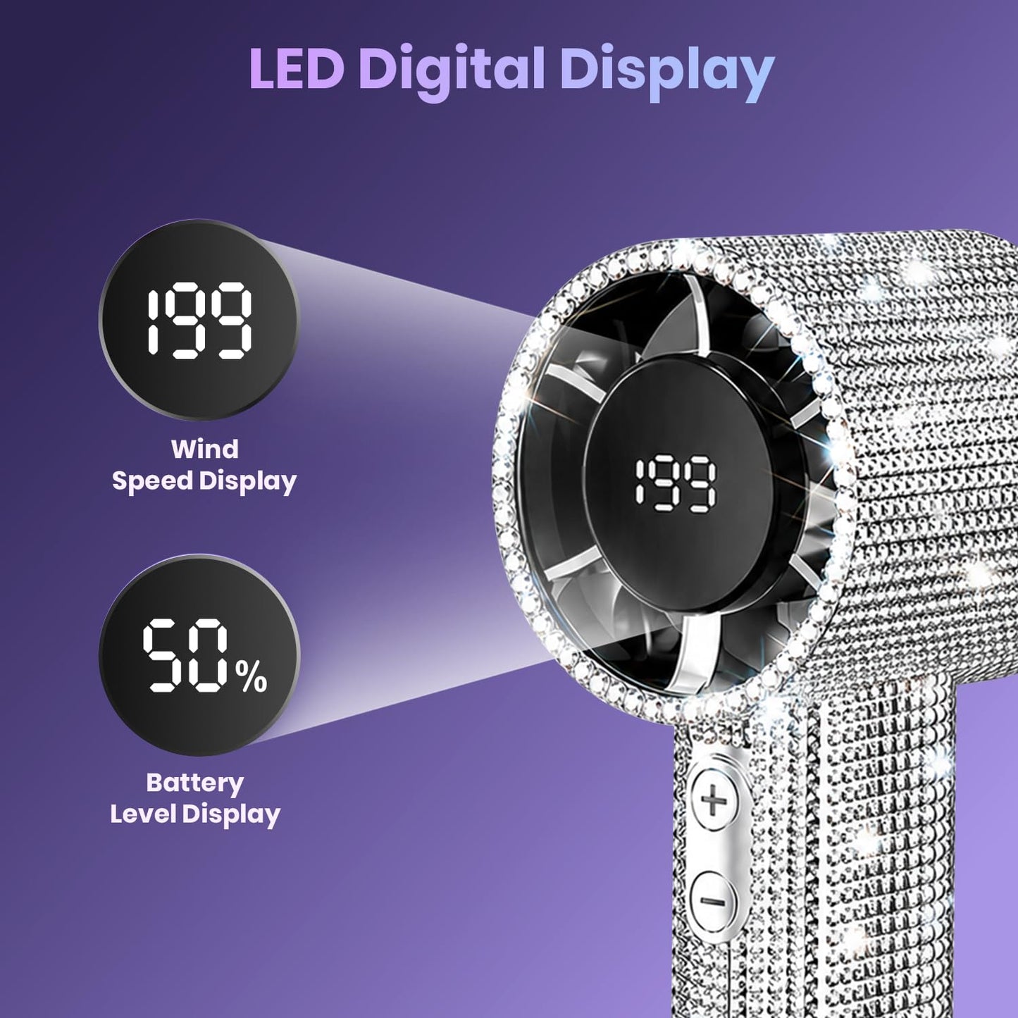 StarJazz Bling Rhinestone Handheld Turbo Fan, Portable Rechargeable Mini Wind Cannon with LED Digital Display, 5 Gears 199 Adjustable Wind Speeds
