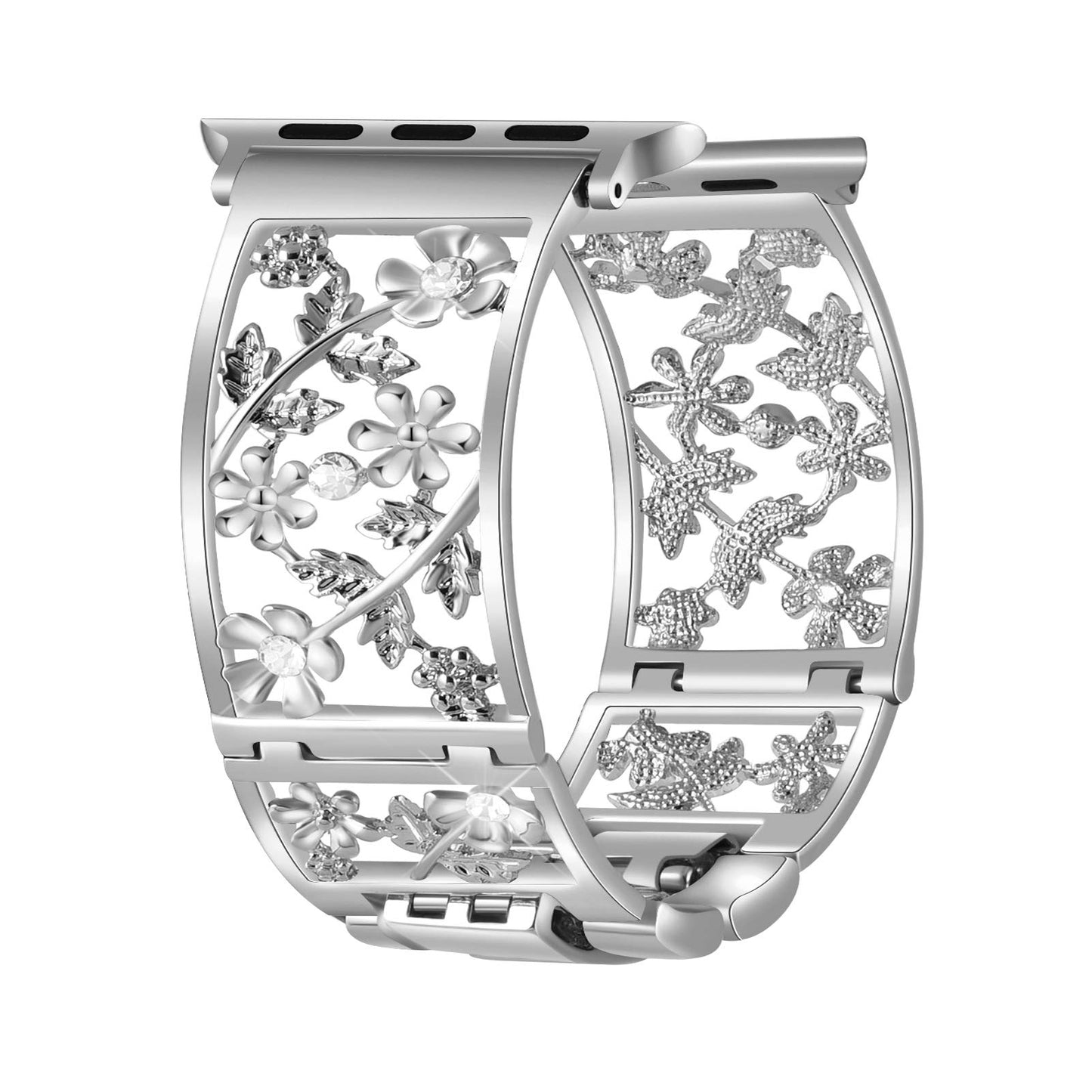 Duoan Floral Band Compatible with Apple Watch Jewelry Band 38mm 40mm 41mm 42mm iWatch Bands Series 11 10 9 8 7,Bling Crystal Bracelet Hollow Metal