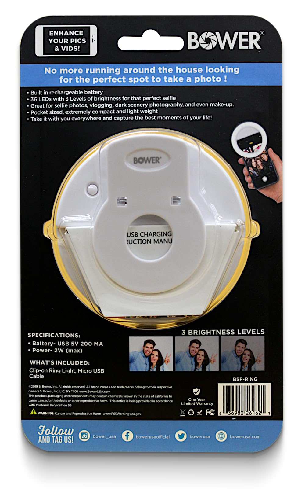 Bower Clip On Ring Light for Phone | 36 LED Ultra Wide Range Rechargeable Selfie Light with 3 Brightness Levels - Great for Selfie Photos, Vlogging