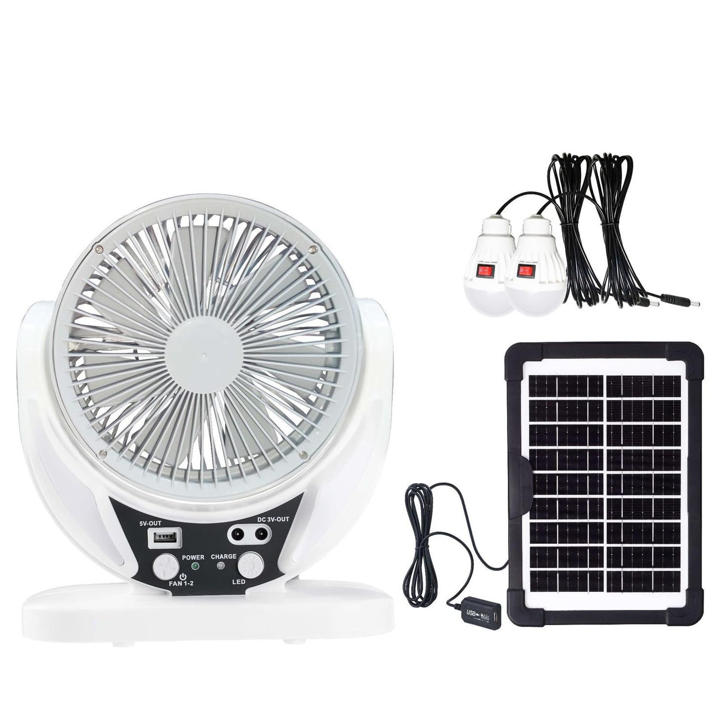 Camping Fan with Solar Panel, Rechargeable Battery Powered Tent Fan with LED Light & Bulbs, Portable Desk Fan for Outdoor Camping, Fishing, Hurricane