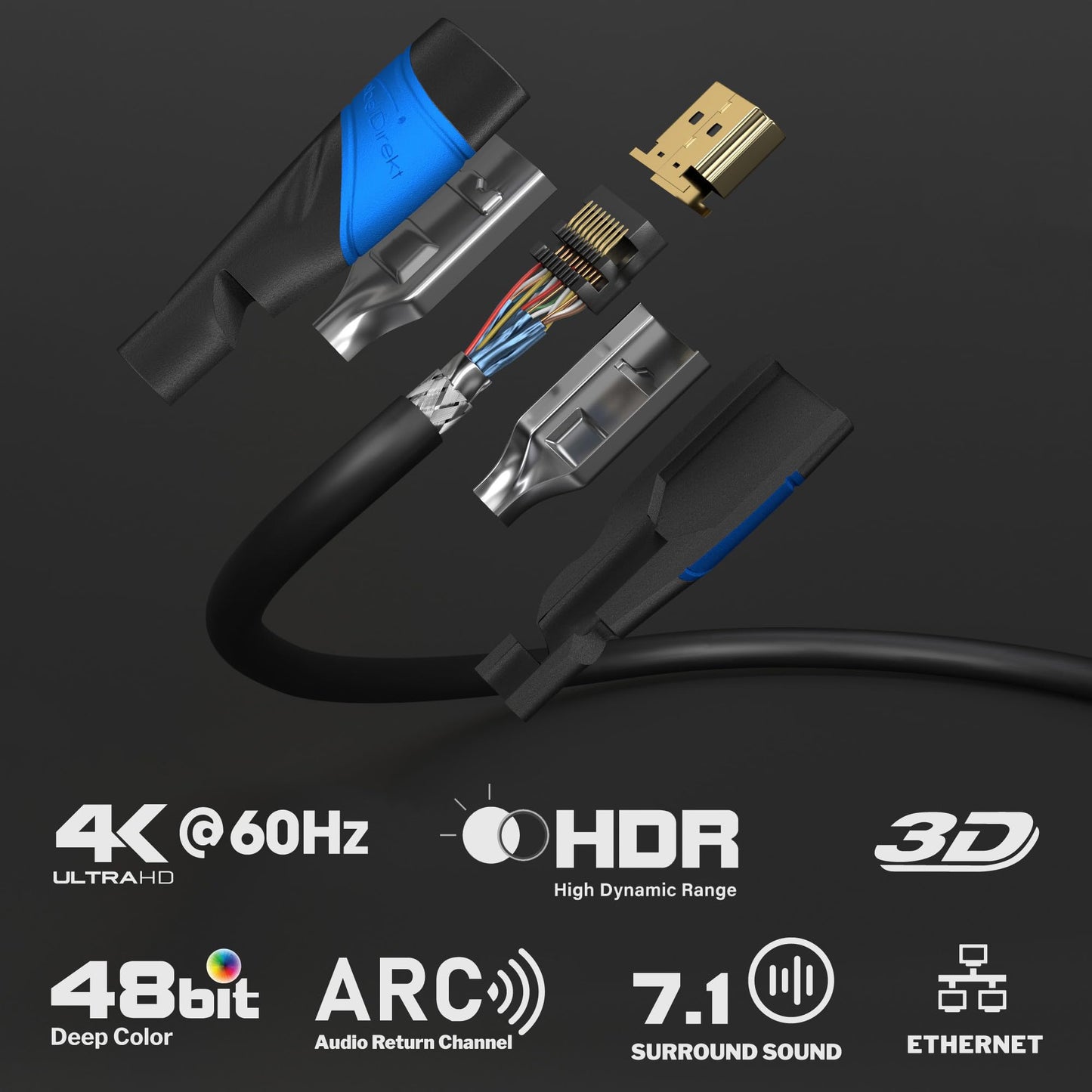 KabelDirekt 4K HDMI Cable - 50ft & Longer HDMI Cables (20ft-75ft) - German-Engineered HDMI Cord - Supports 4K@60Hz, UHD, HDR, ARC, Ethernet - HDMI