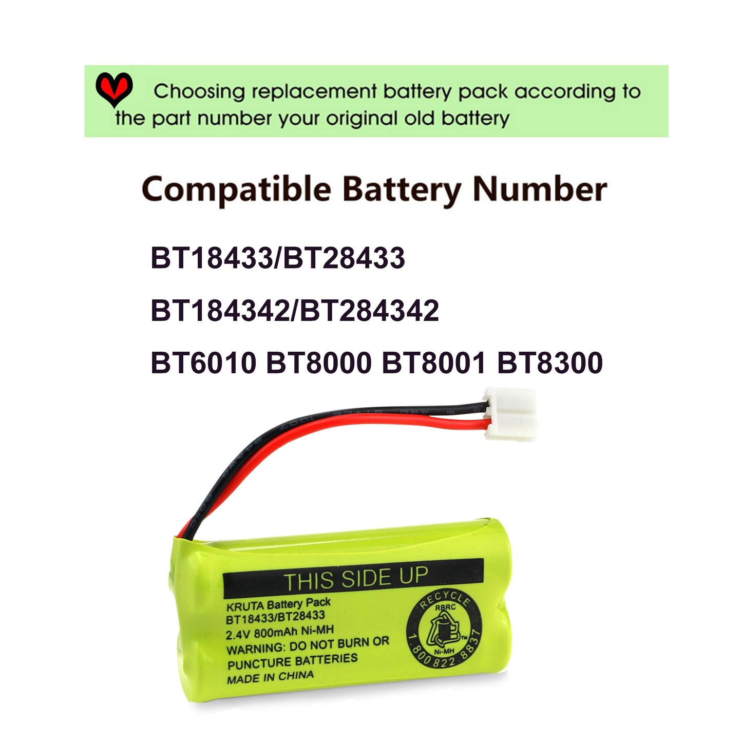 Kruta BT18433/BT28433 BT184342 BT284342 BT1011 BT-1011 800mAh 2.4V Replacement Cordless Phone Battery Compatible with CS6209 CS6219 CS6229 DS6151