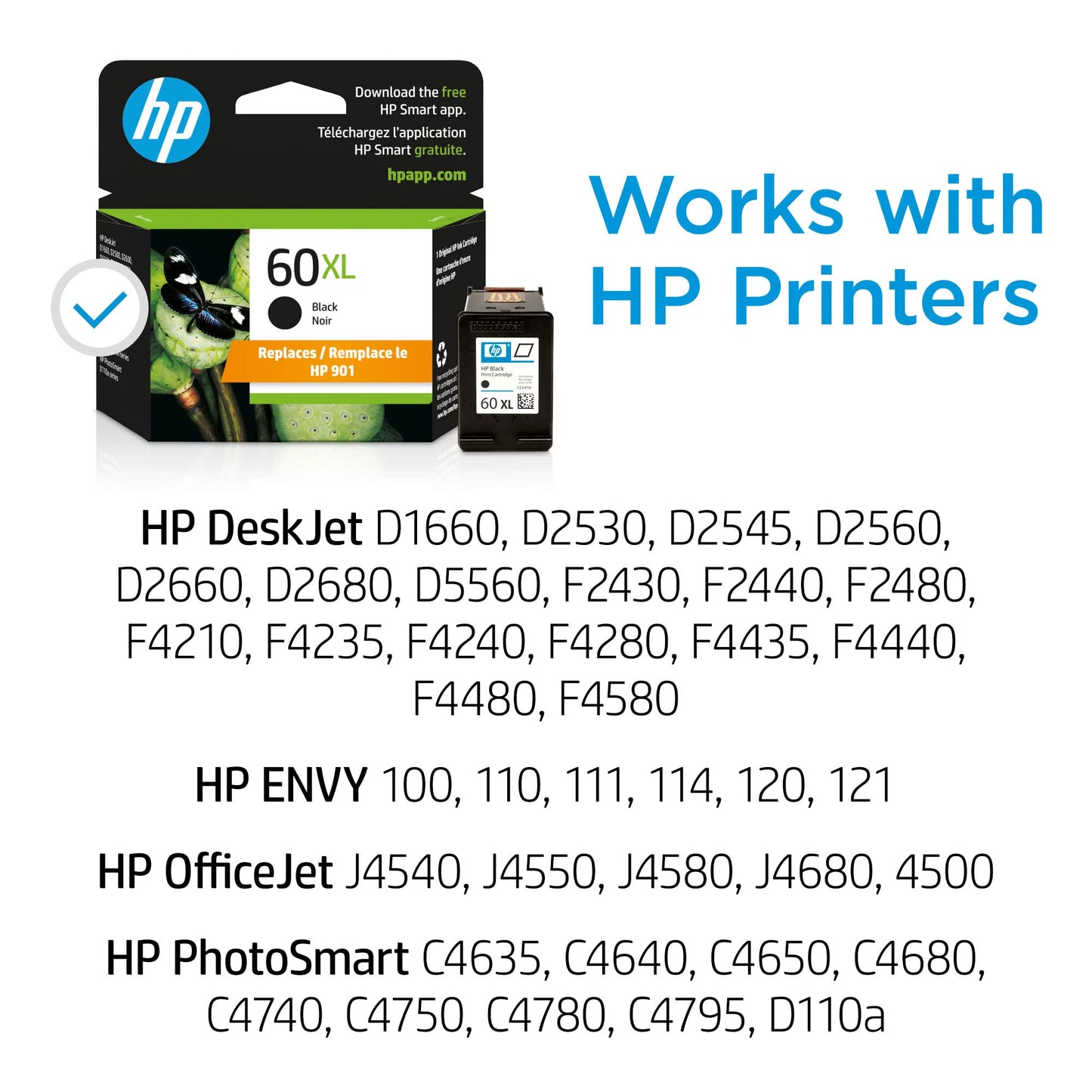 HP 60XL Black High-Yield Ink Cartridge | Works with DeskJet D1660, D2500, D2600, D5560, F2400, F4200, F4400, F4580, Envy 100, OfficeJet 4500, J4680
