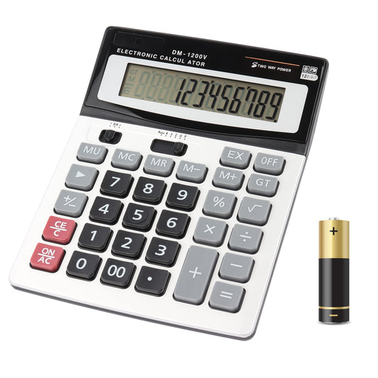 HIHUHEN Large Electronic Calculator Counter Solar & Battery Power 12 Digit Display Multi-Functional Big Button for Business Office School Calculating