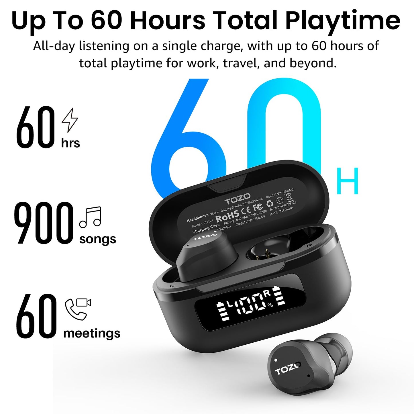 TOZO NC9 Hybrid Active Noise Cancelling Wireless Earbuds, 6 Mics ENC Clear Call, IPX8 Waterproof, in Ear Bluetooth 5.3 Headphones Stereo Bass Ear Buds