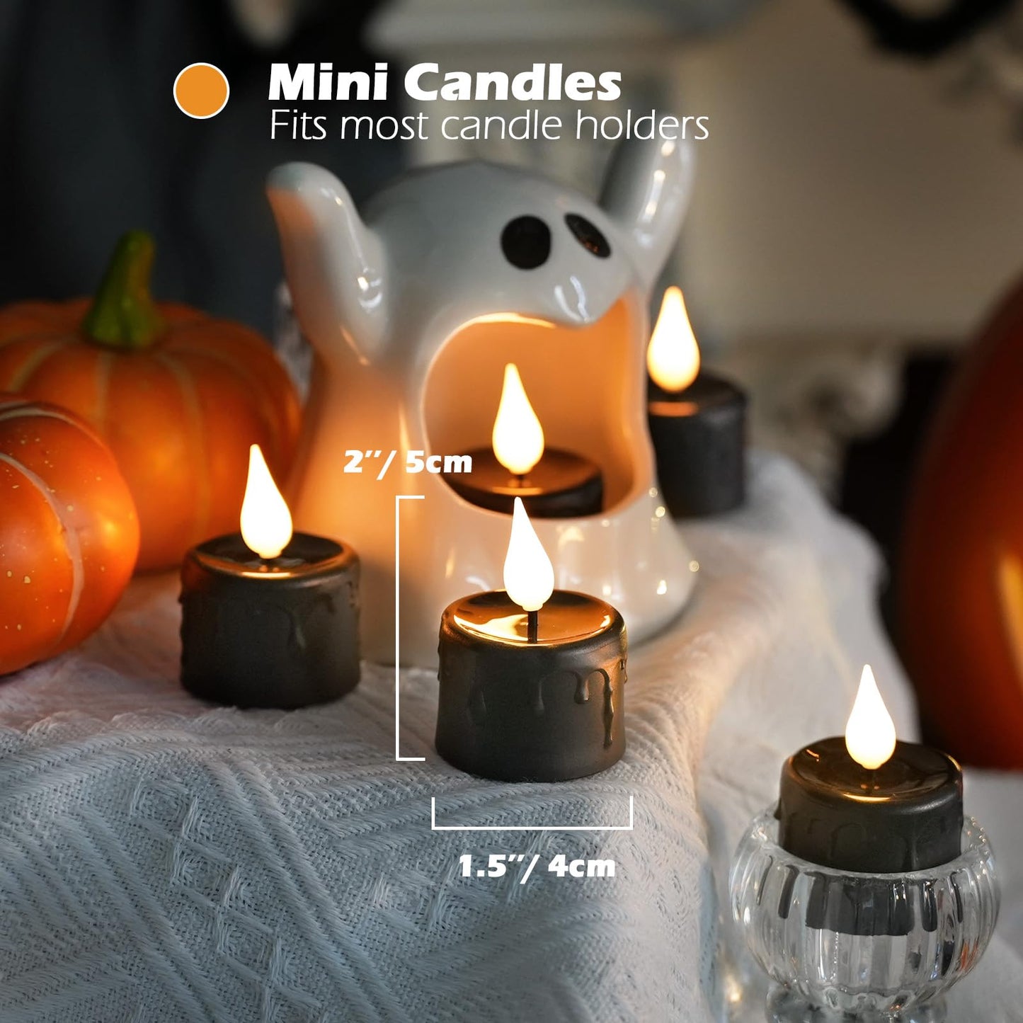 FPOO Halloween Black Tea Light Candles, 12 Packs Rechargeable LED Tea Lights, Small Pumpkins Lights Flameless Fake Candles, Electric Candle Halloween