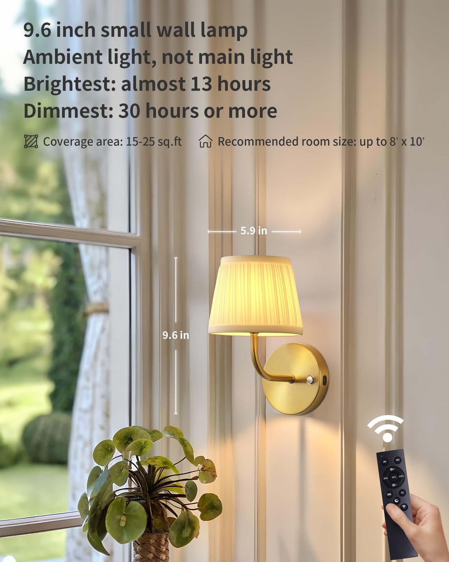 PUSU LED Cordless Gold H9.6 inch Small Wall Sconces Set of 2, Rechargeable 5200mAh Battery Operated Fabric Wall Lamp with Remote, Lighting for Living