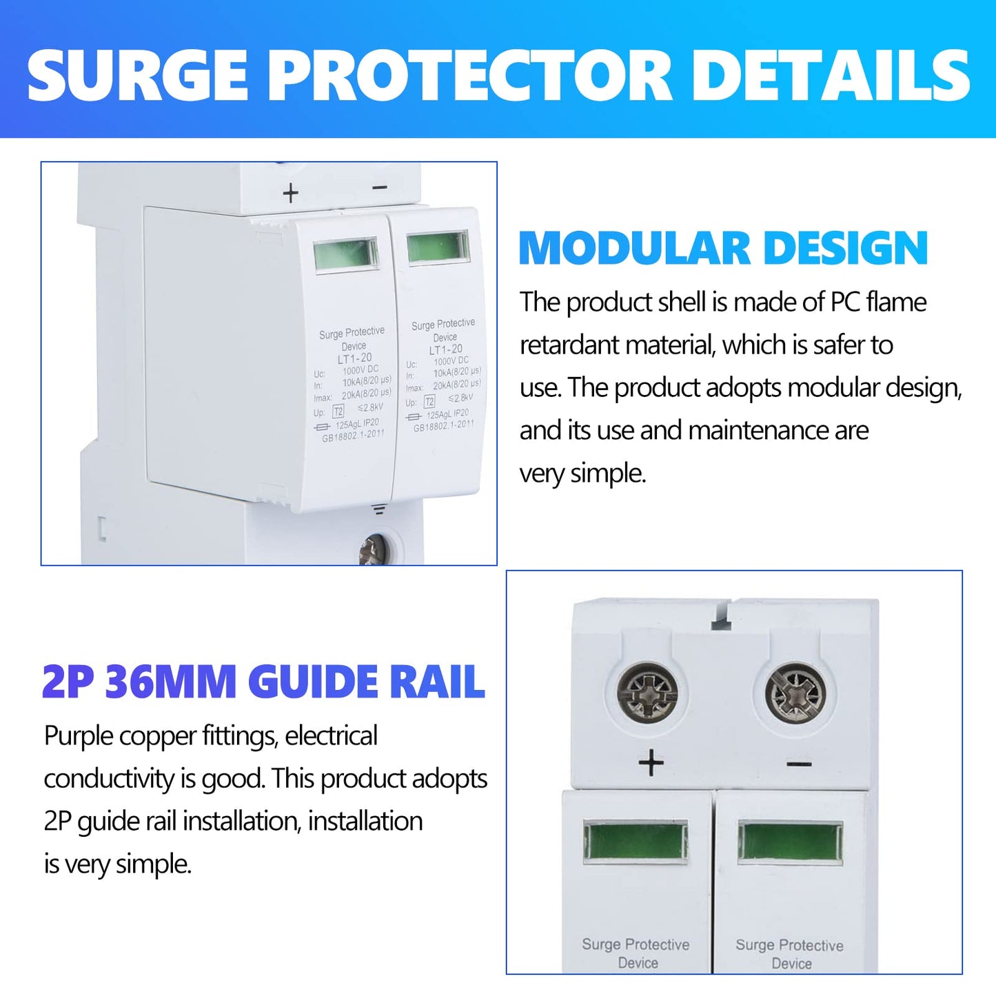 Voltage Arrester Device 2P Protective Device DC Photovoltaic Protector Low Voltage Arrester 3.0KV