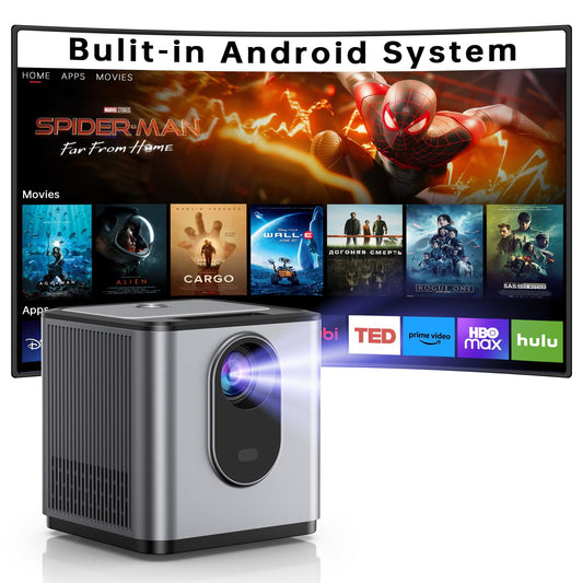 Mini Projector with WiFi and Bluetooth, Portable Projector Built-in Android System Supported 4K, Auto Keystone, Compatible with HDMI / USB / AV Ports