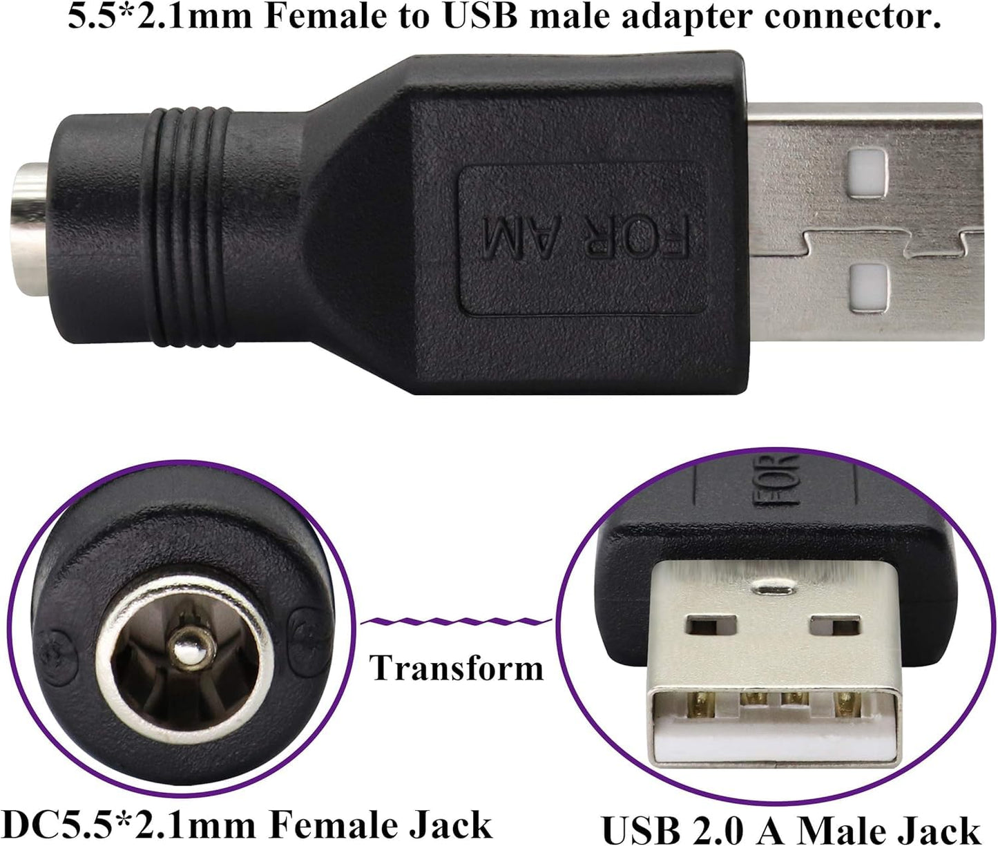 Traovien USB to DC Power Adapter, 2PCS USB 2.0 Male to DC 5.5mm x 2.1mm Female 5V Connector Power Adapter for USB Device and for Laptop PC