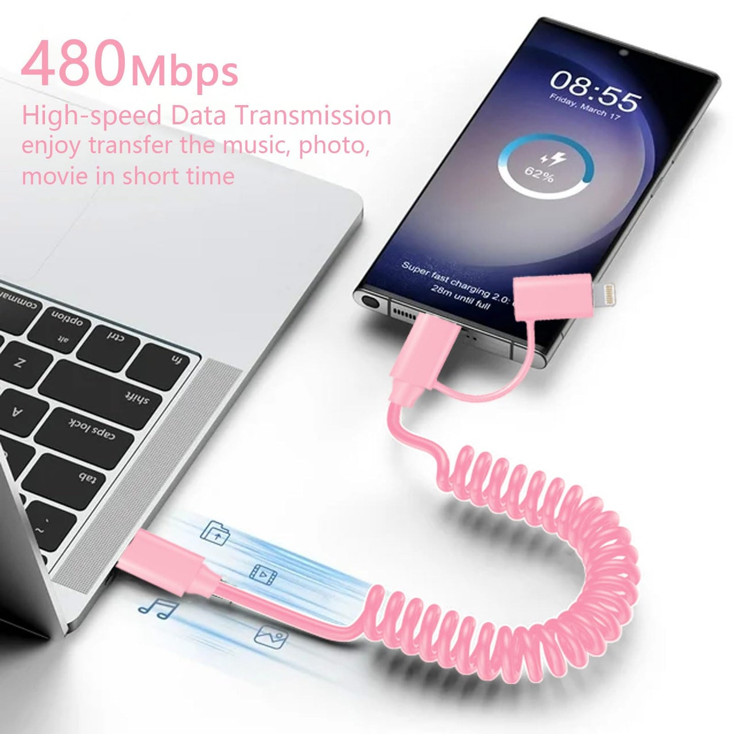 60W Coiled USB-C to USB-C & Lightning Cable?MFi Certified? 2 in 1 Fast Charging Apple CarPlay Cable for iPhone 15/15 Plus/15 Pro Max/14,Galaxy