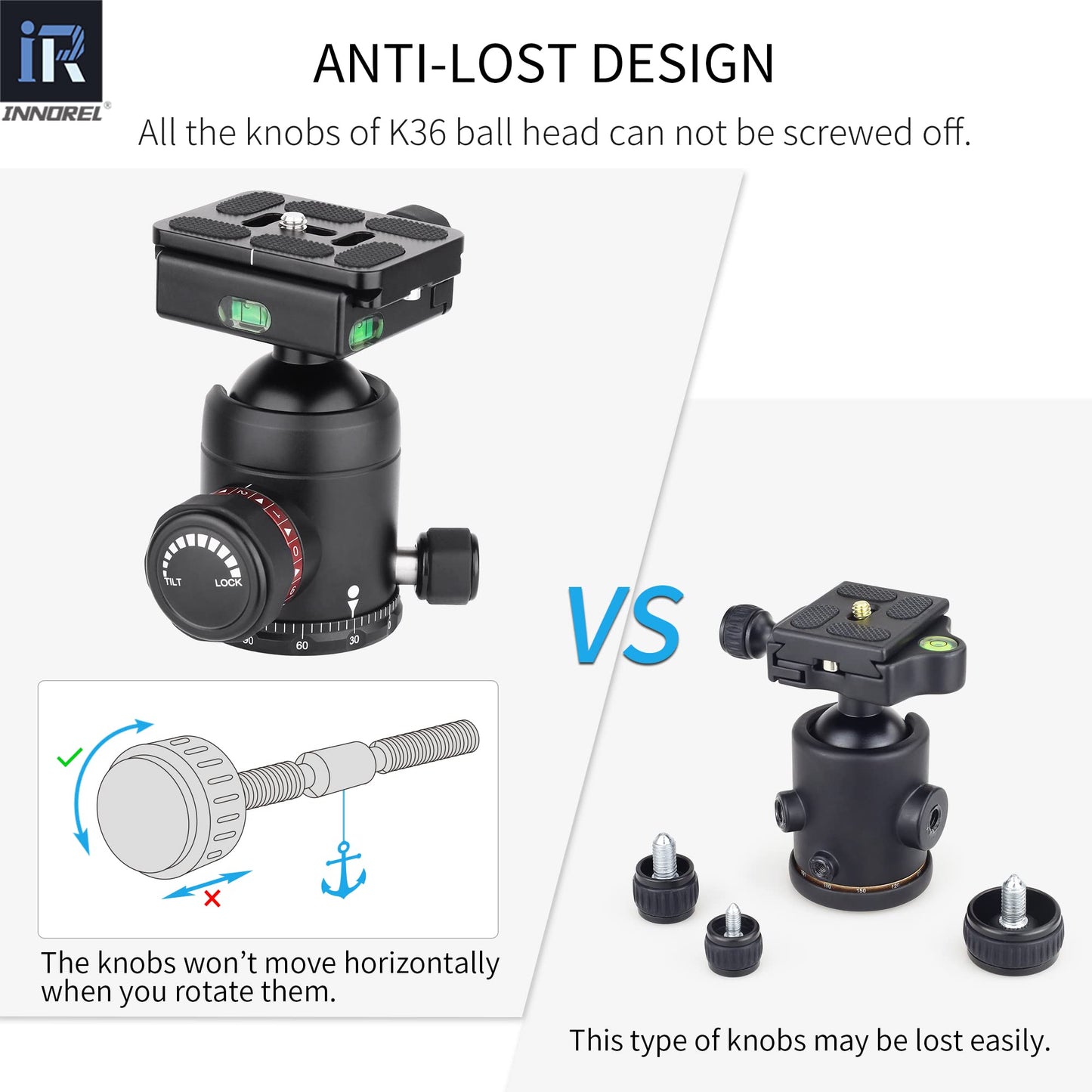 36mm Tripod Ball Head Universal Ballhead INNOREL K36 CNC Aluminum Alloy Professional Structure with Two 1/4" Screw Arca Swiss Quick Release Plates Max