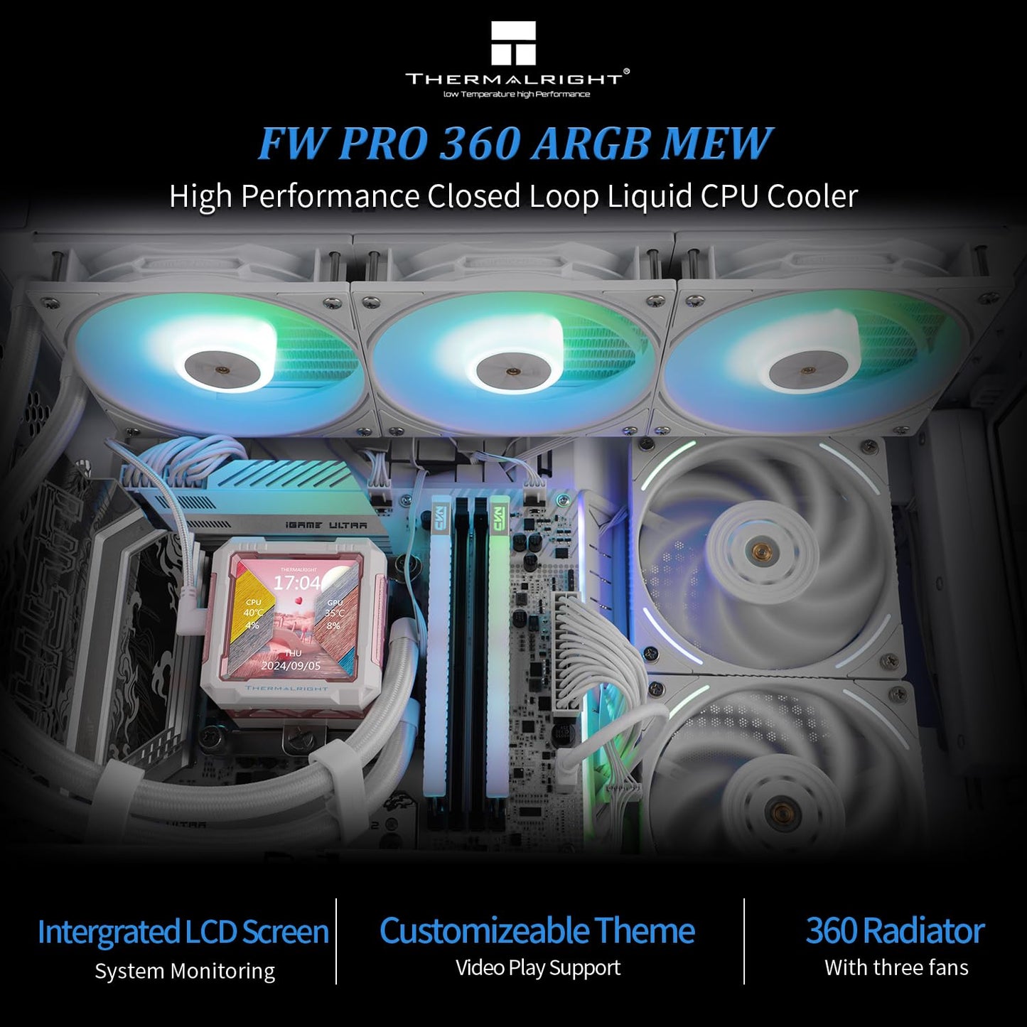 Thermalright FW PRO 360 ARGB MEW CPU Water Cooler with PWM Fan, 2000RPM Speeds,IPS LCD Screen with 320 * 320 Resolution,Liquid CPU Cooler,for