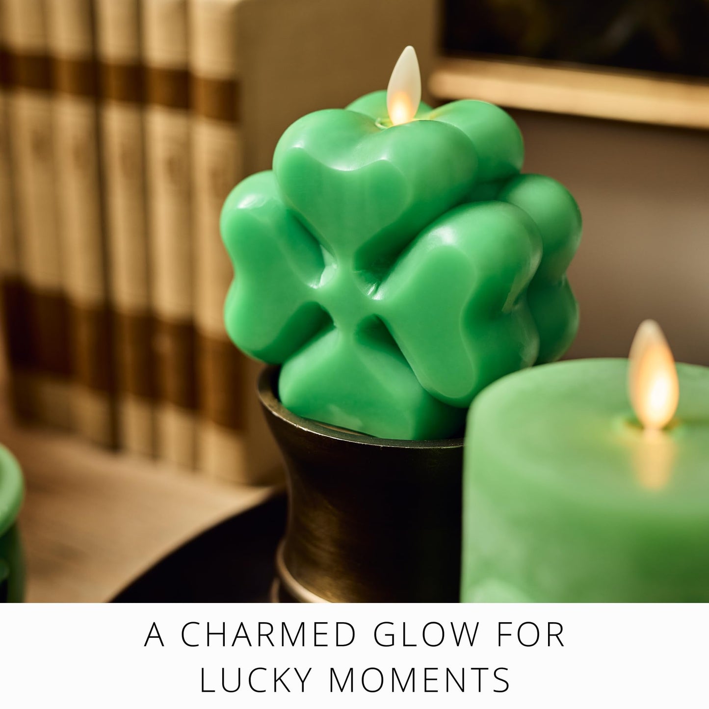 Luminara 4-Leaf Clover Candle - Flickering Real-Flame Technology- Flameless LED- Remote Ready- Classic Green St. Patrick's Day Shamrock- 3.9" x 4.3"