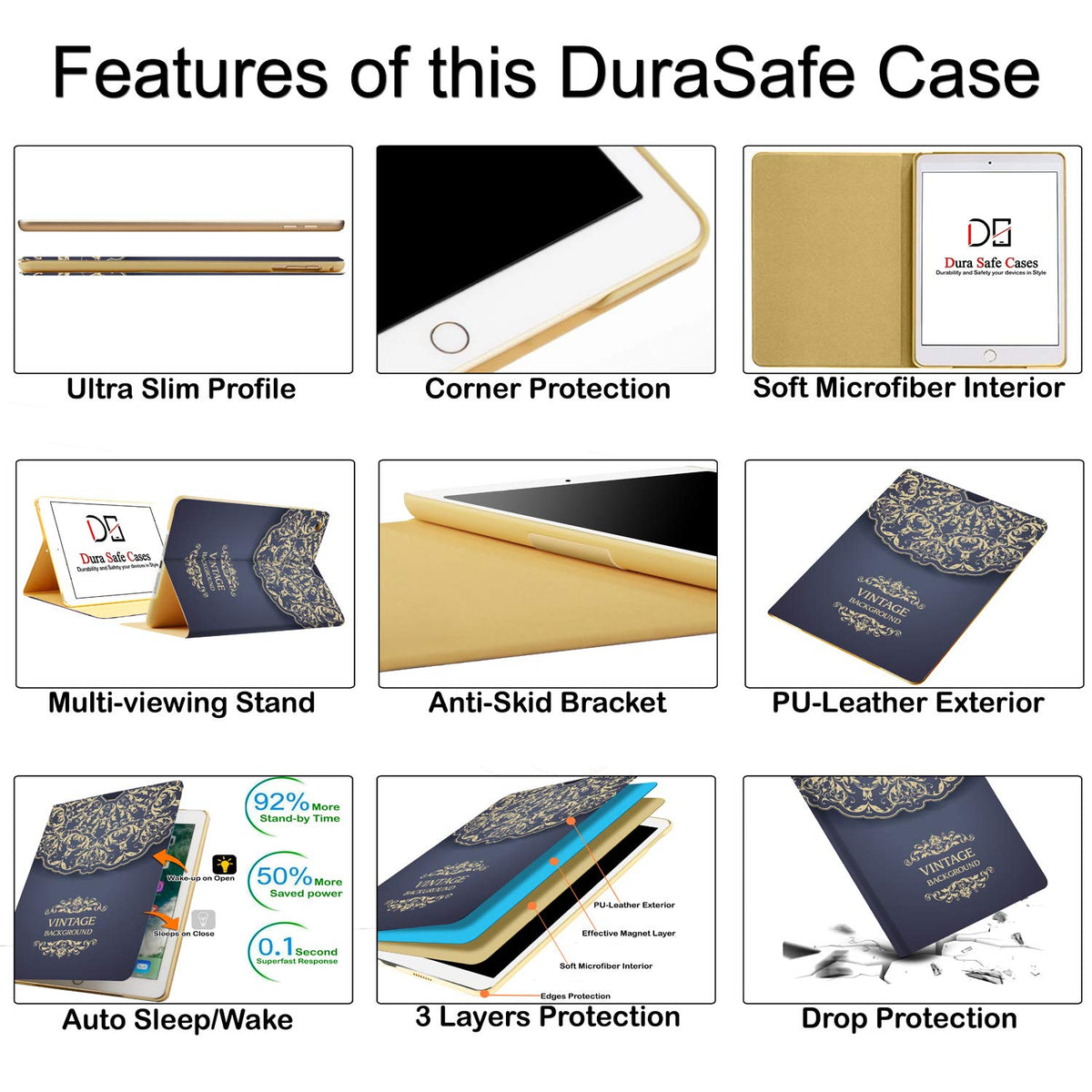 DuraSafe Cases iPad PRO 2016 9.7 Inch [Pro 9.7 2016] MLPX2LL/A MLPW2LL/A MLPY2LL/A MLYJ2LL/A Smart Auto Sleep/Wake Slim Profile with Adjustable