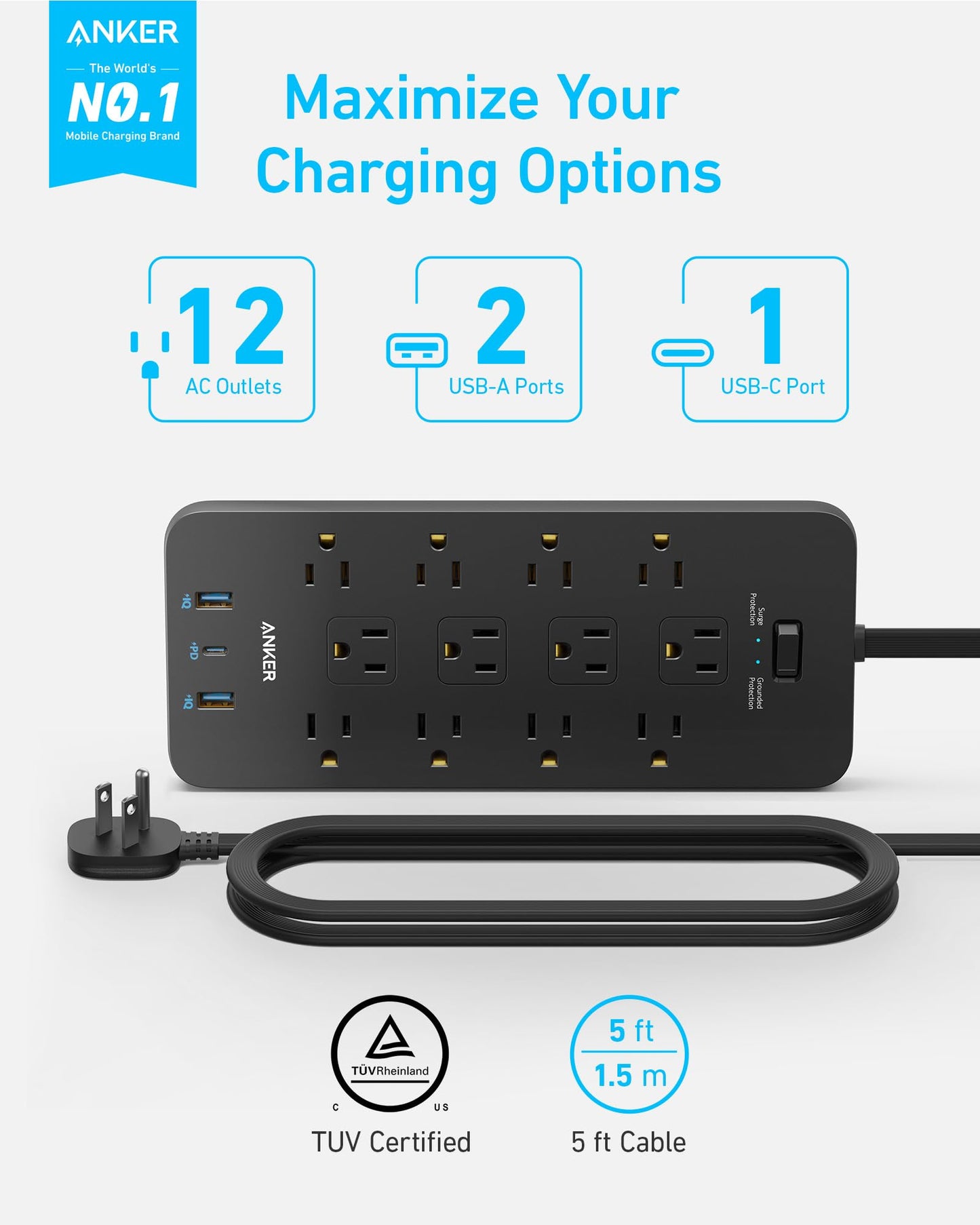 Anker Surge Protector Flat Plug Power Strip(2100J), 12 AC Outlets, 5feet Flat Extension Cord, 1USB C and 2 USB Ports for Multiple Devices, 20W Fast