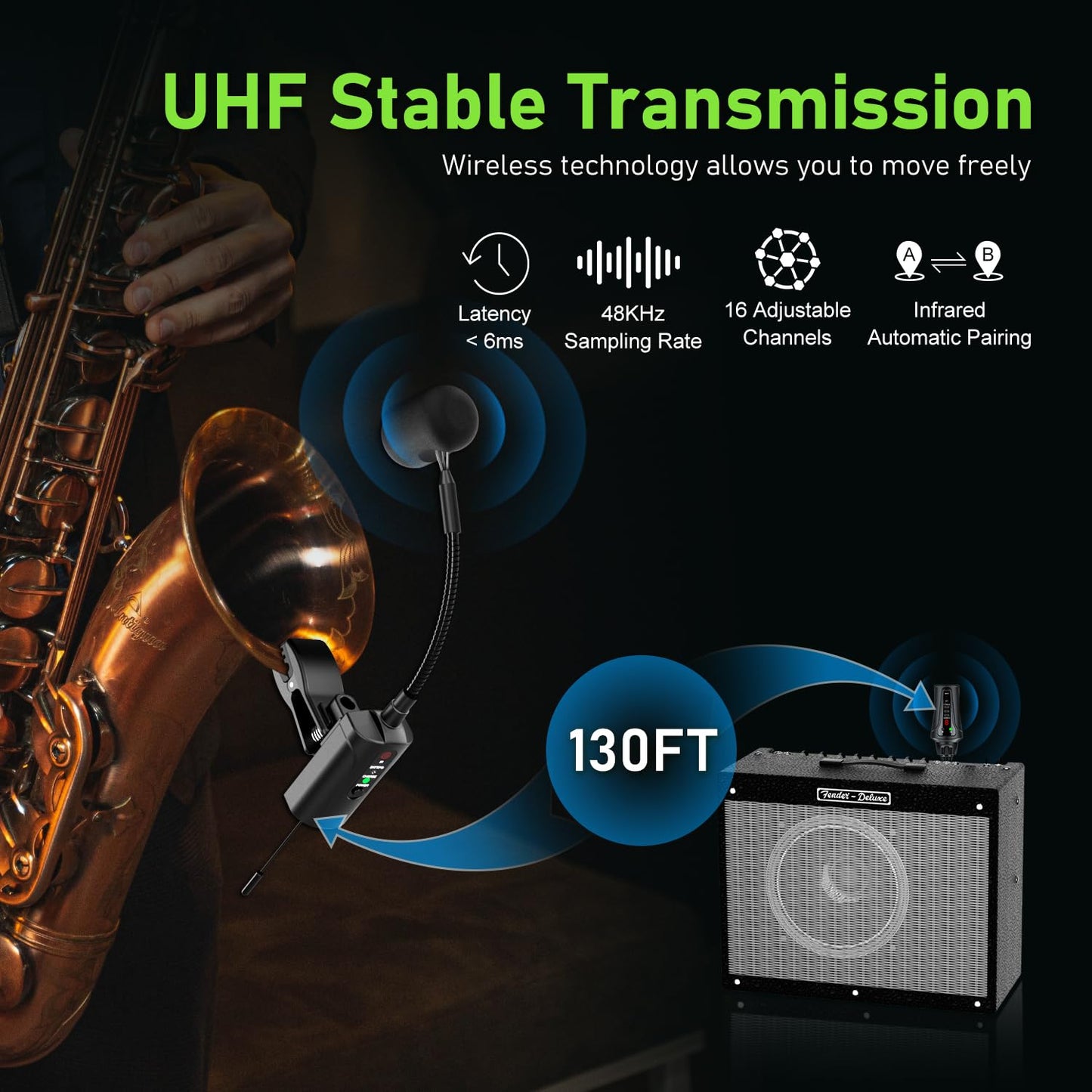 ACEMIC UHF Wireless Saxophone Microphone System Wireless Transmitter and Receiver Clip-on Instrument Microphones & Systems Mic for Trumpet, Sax
