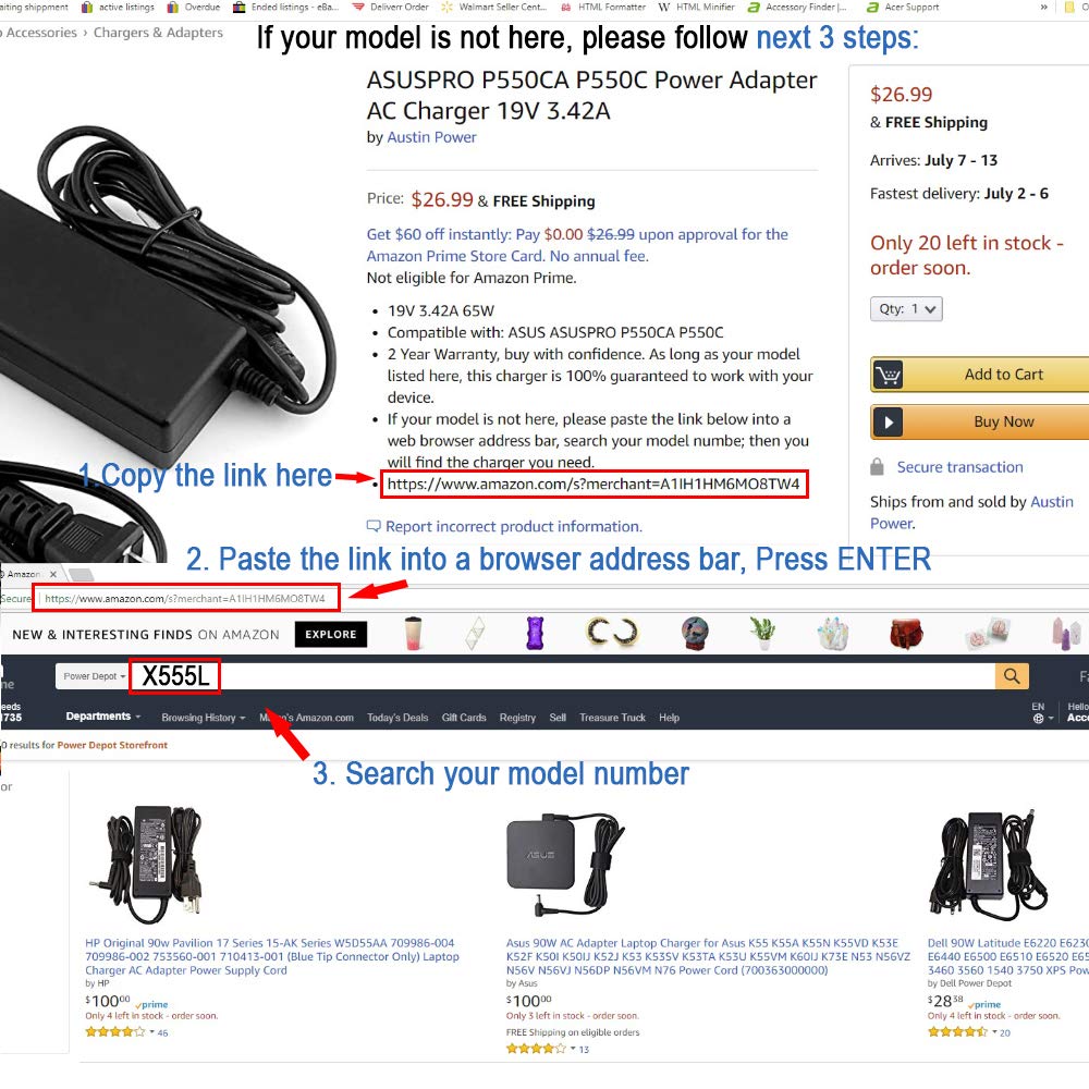 Power Depot AC Adapter for ASUS MX239 MX25A MX27A MX299 MZ27A PG248 PG258 VA32A Monitors, 19V 3.42A, Proprietary Barrel Connector