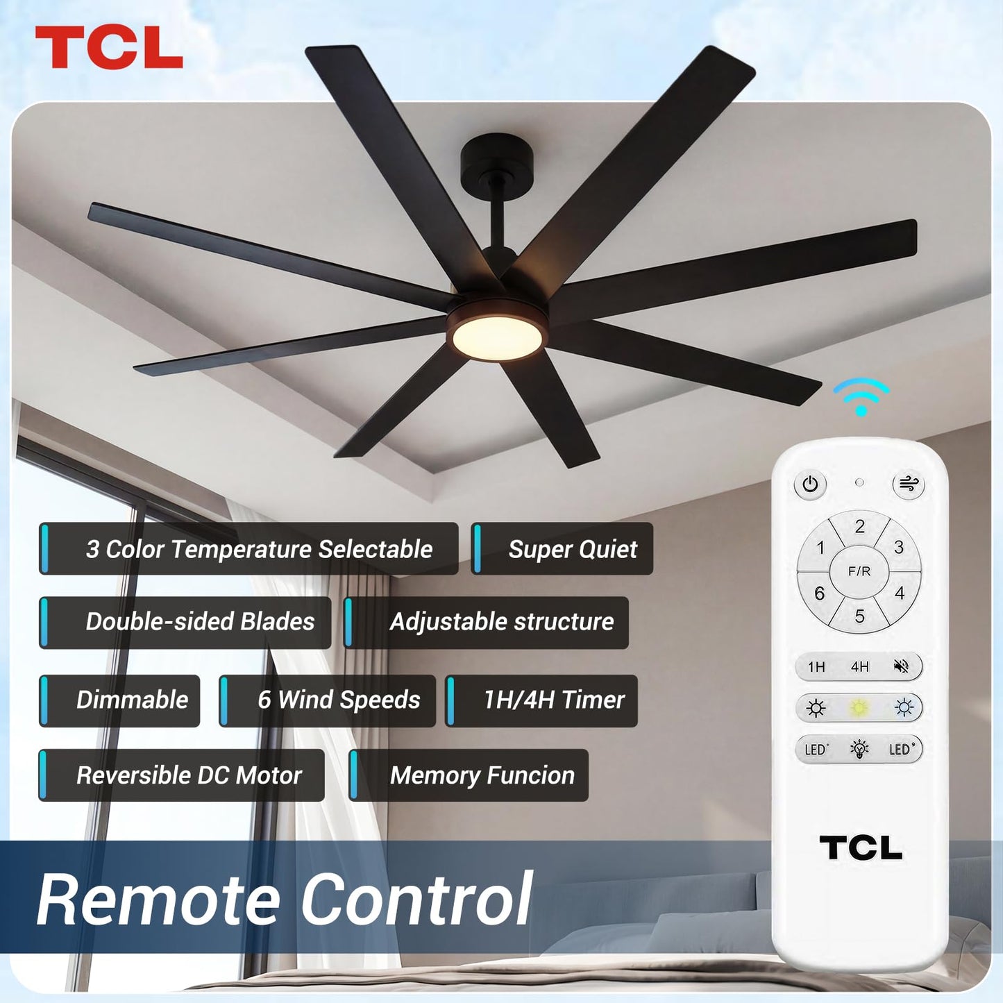 TCL 72 Inch Large Black Ceiling Fans with Lights and Remote
