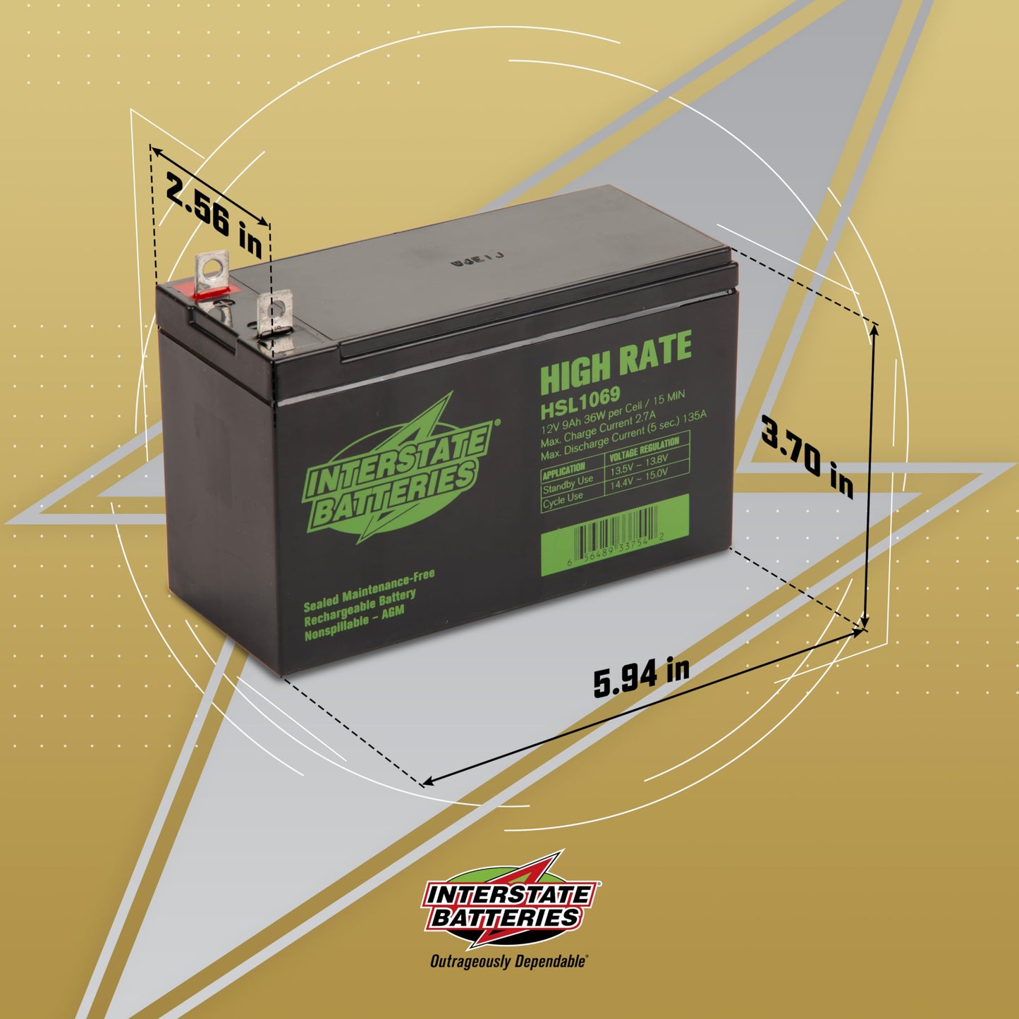 Interstate Batteries 12V 9Ah High Rate Battery (Nut & Bolt Terminal) SLA AGM VRLA Rechargeable Replacement for Generac Generators, 0G9449, UPS Backup…