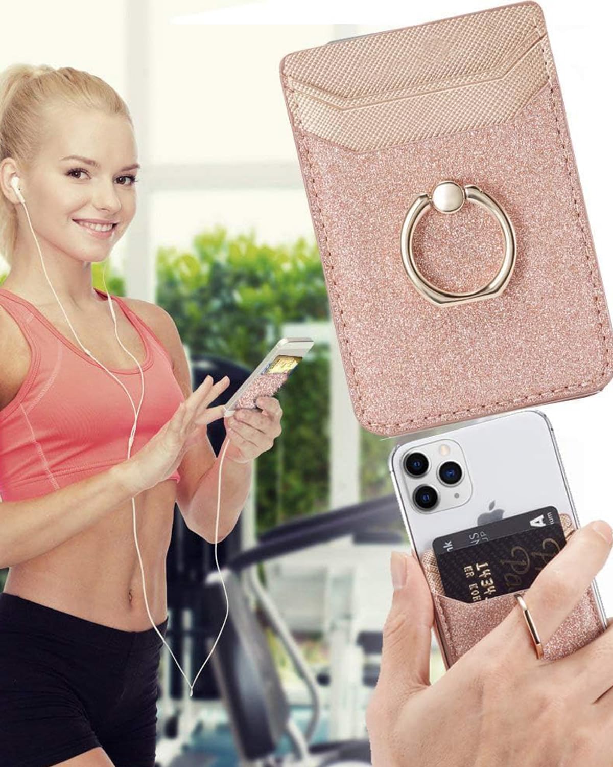 BIAJIYA Phone Card Holder Stick on Back of Phone Case, RFID-Blocking Sticky Phone Wallet with Ring Grip Stand, Glitter Adhesive Phone Card Wallet