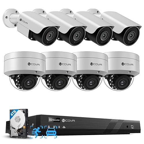 4COVR 16 Channel 4K Security Camera System - Human Vehicle Detection, 4K 4TB NVR, 4 Dome IK10 Vandal-Proof 4 Bullet 8MP Wired PoE IP Camera