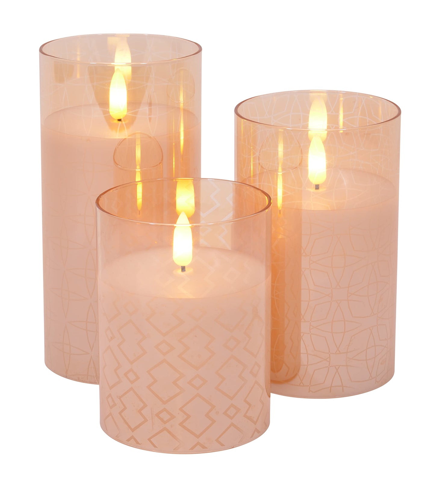 Mid Century Modern Flameless LED Glass Pillar Candles, Set of 3, 6 Inch, Metallic Rose Gold