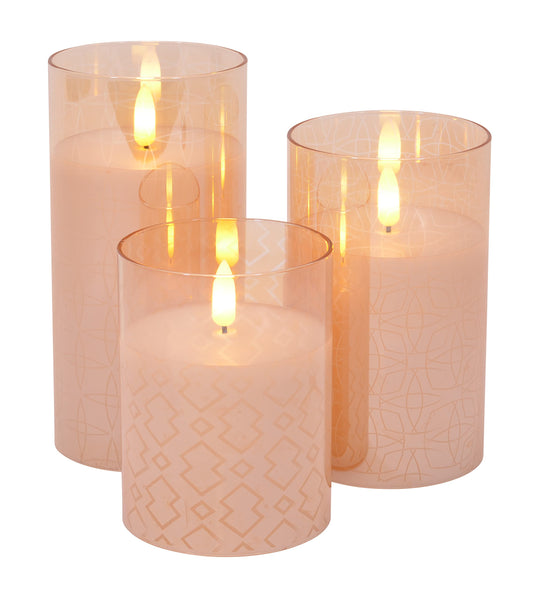 Mid Century Modern Flameless LED Glass Pillar Candles, Set of 3, 6 Inch, Metallic Rose Gold