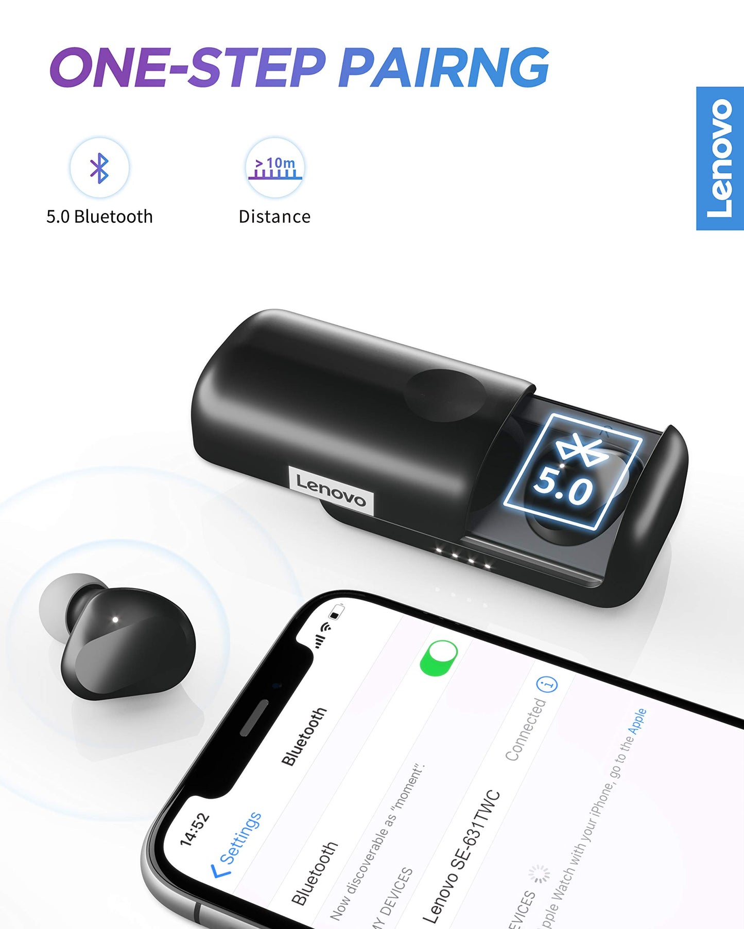 Lenovo True Wireless Earbuds Bluetooth 5.0 IPX5 Waterproof with USB-C Quick Charge and Built-in Microphone for Work/Travel/Gym (Black)
