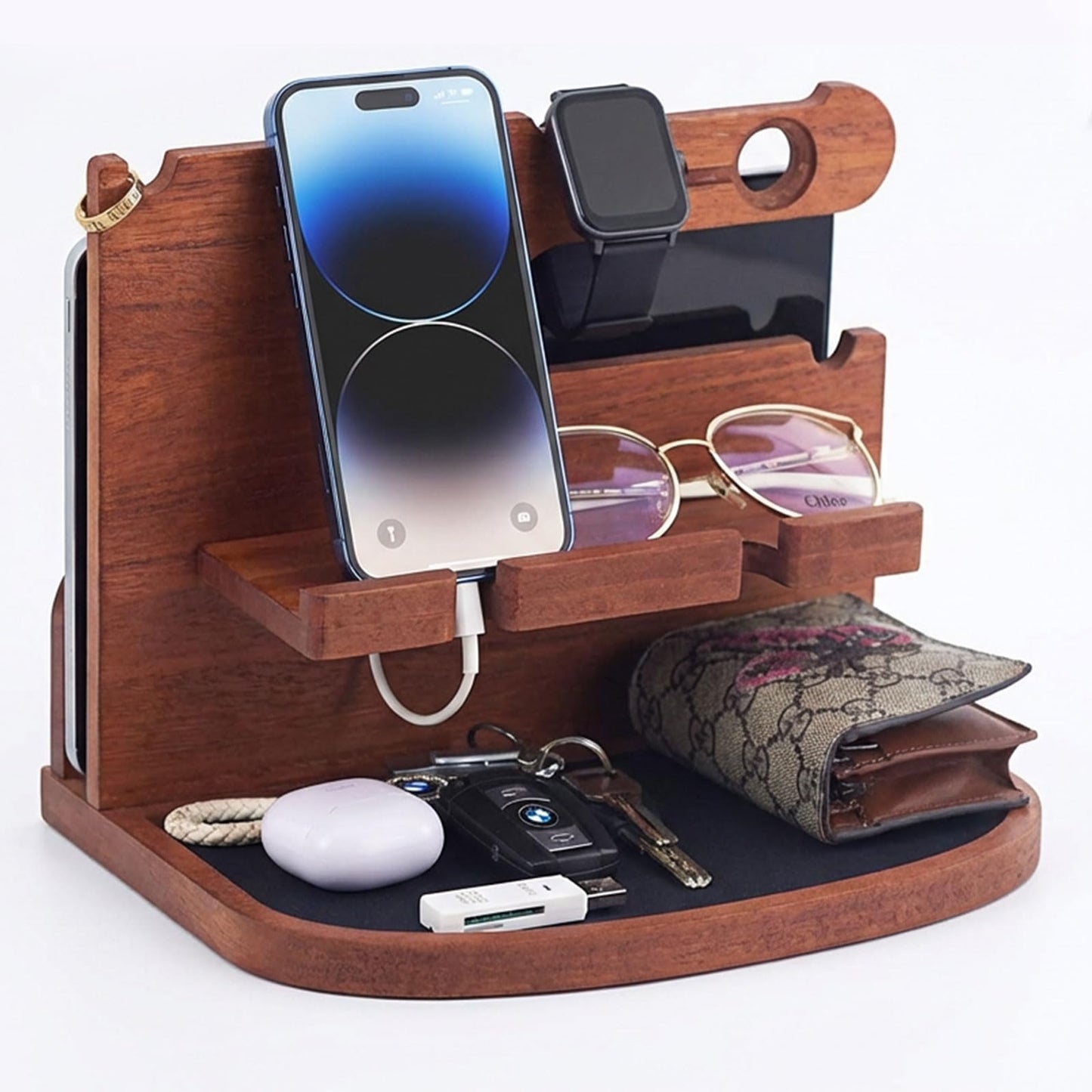 Krismax Wood Phone Docking Station for Men,Husband,Dad-Nightstand&Desk Organizer-Anniversary from Wife-Key Watch&Essentials