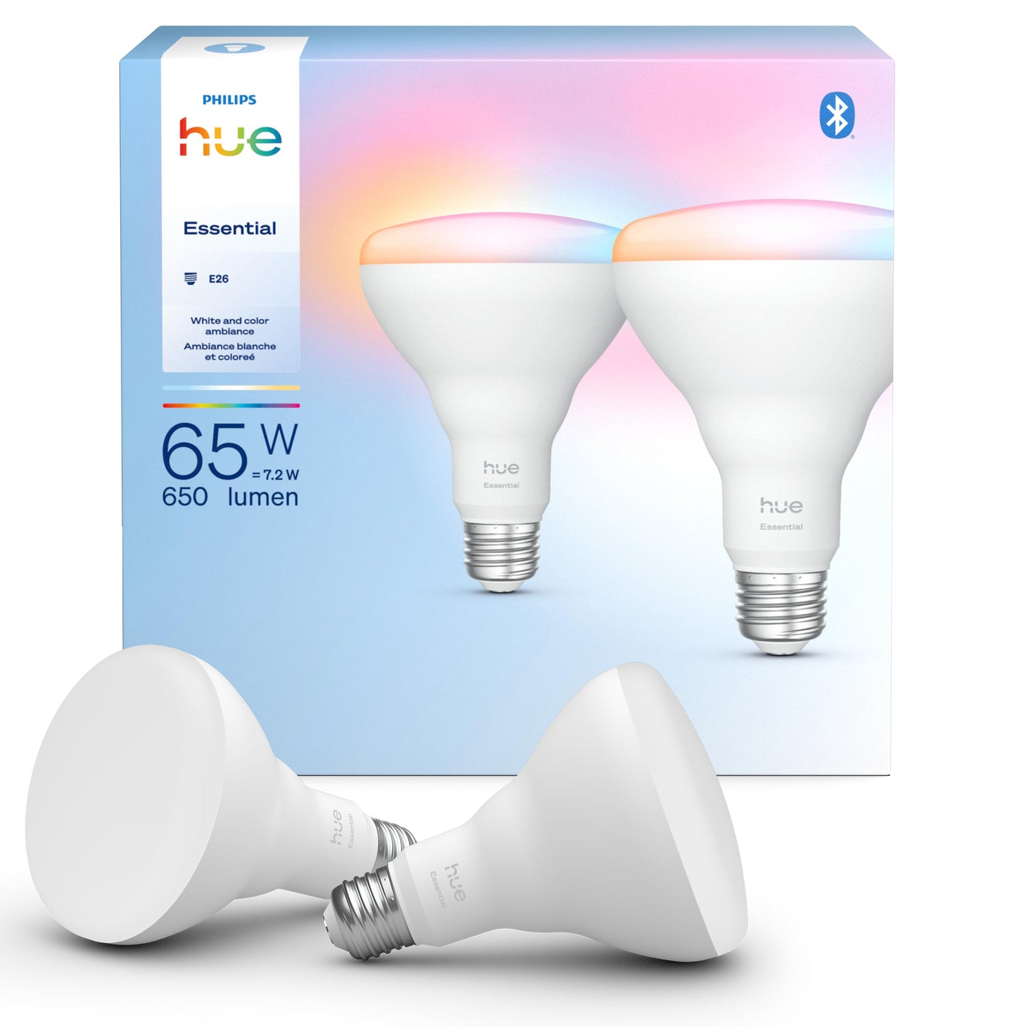 PHILIPS Hue Essential Smart LED BR30 Bulb 2-Pack, White and Color Ambiance, E26, 7.2W, 2200K-6500K, 650 Lumens, Dimmable LED Bulbs, Works with Alexa