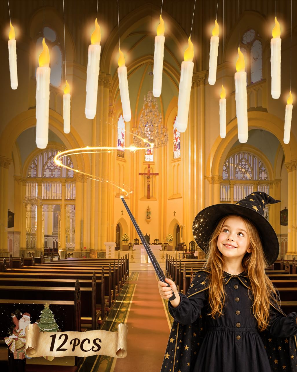WEIBOLT Flameless Floating Candles with Wand?12 Pcs Magic LED Hanging Taper Candles?Flickering Battery Operated Taper Candle with Wand Remote