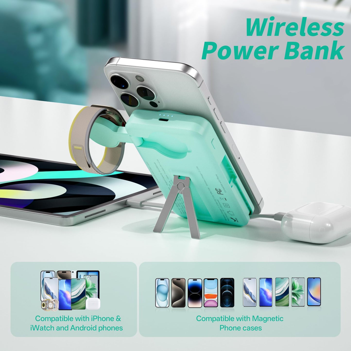 LUCKYFELLOW Magnetic Portable Charger Built-in Cables,10000mAh Fast Charging Wireless Charger Station External Battery Pack Slim Pocket Size Power