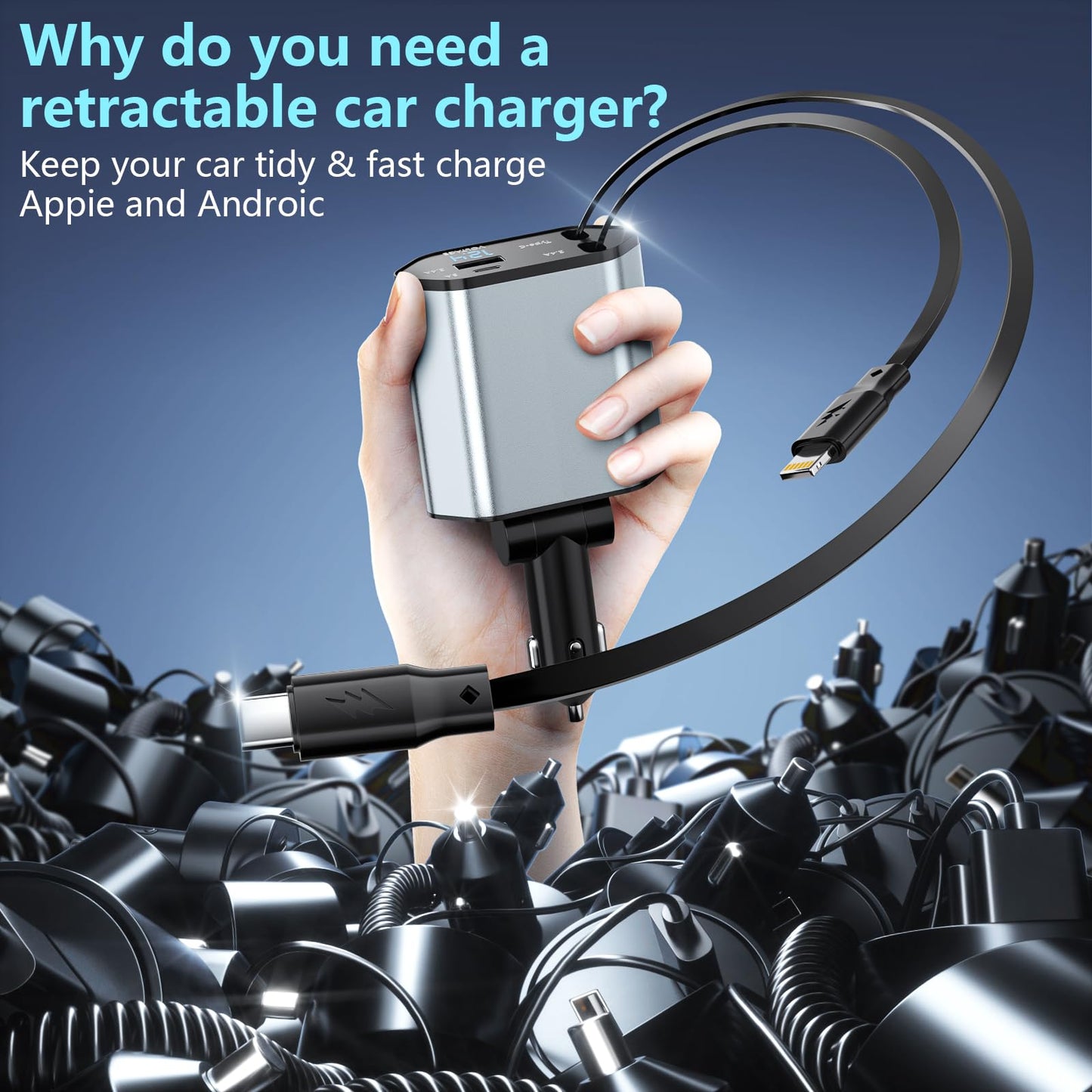 Retractable Car Charger, 120W 2.7Ft Retractable Cables and 4 Electronic Ports, Car Accessories Compatible for iOS & Android Cell Phones All Device