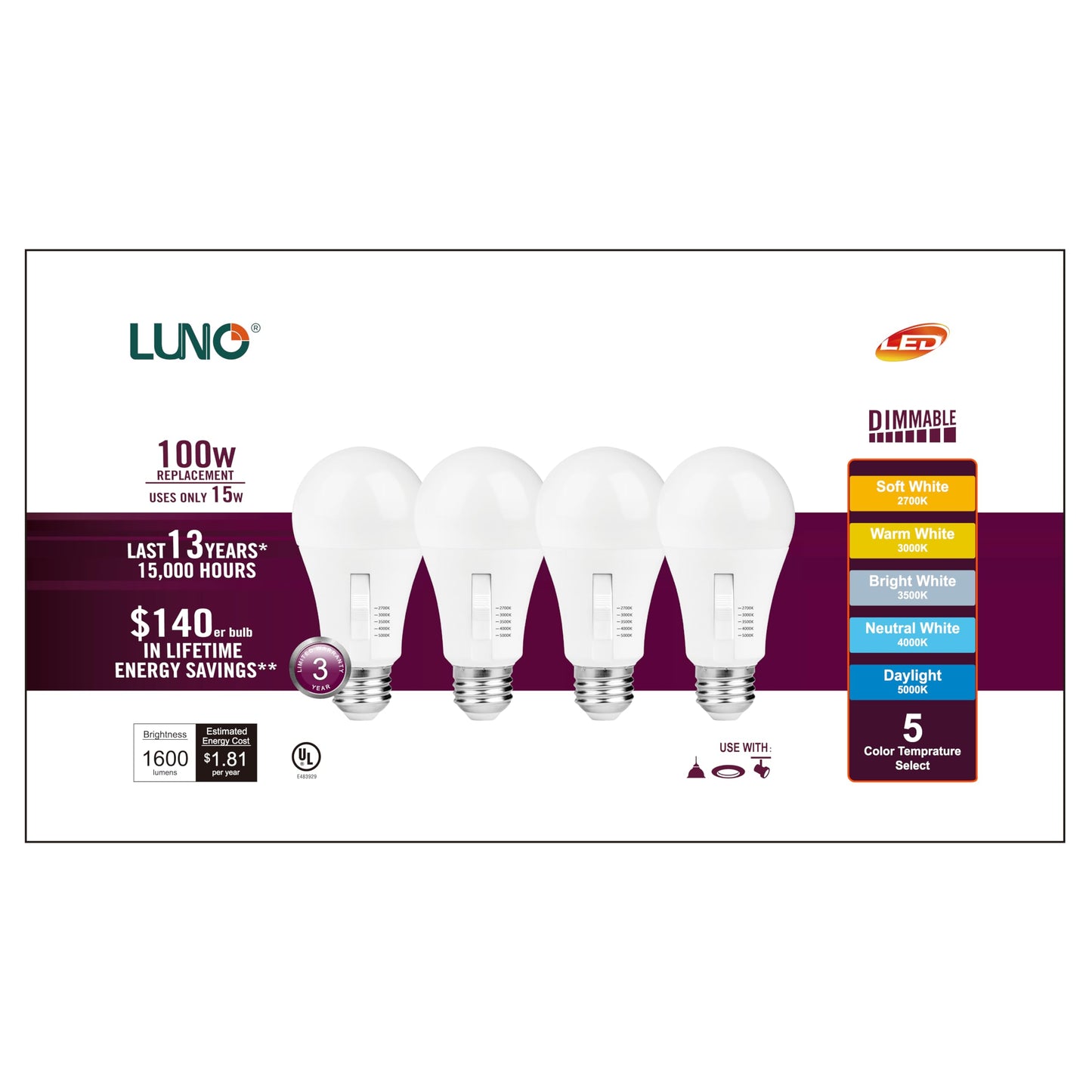 LUNO A19 Dimmable LED Bulb, 15W (100W Equivalent), 1600 Lumens, 2700K (Soft White), Medium Base (E26), UL Listed (4-Pack)