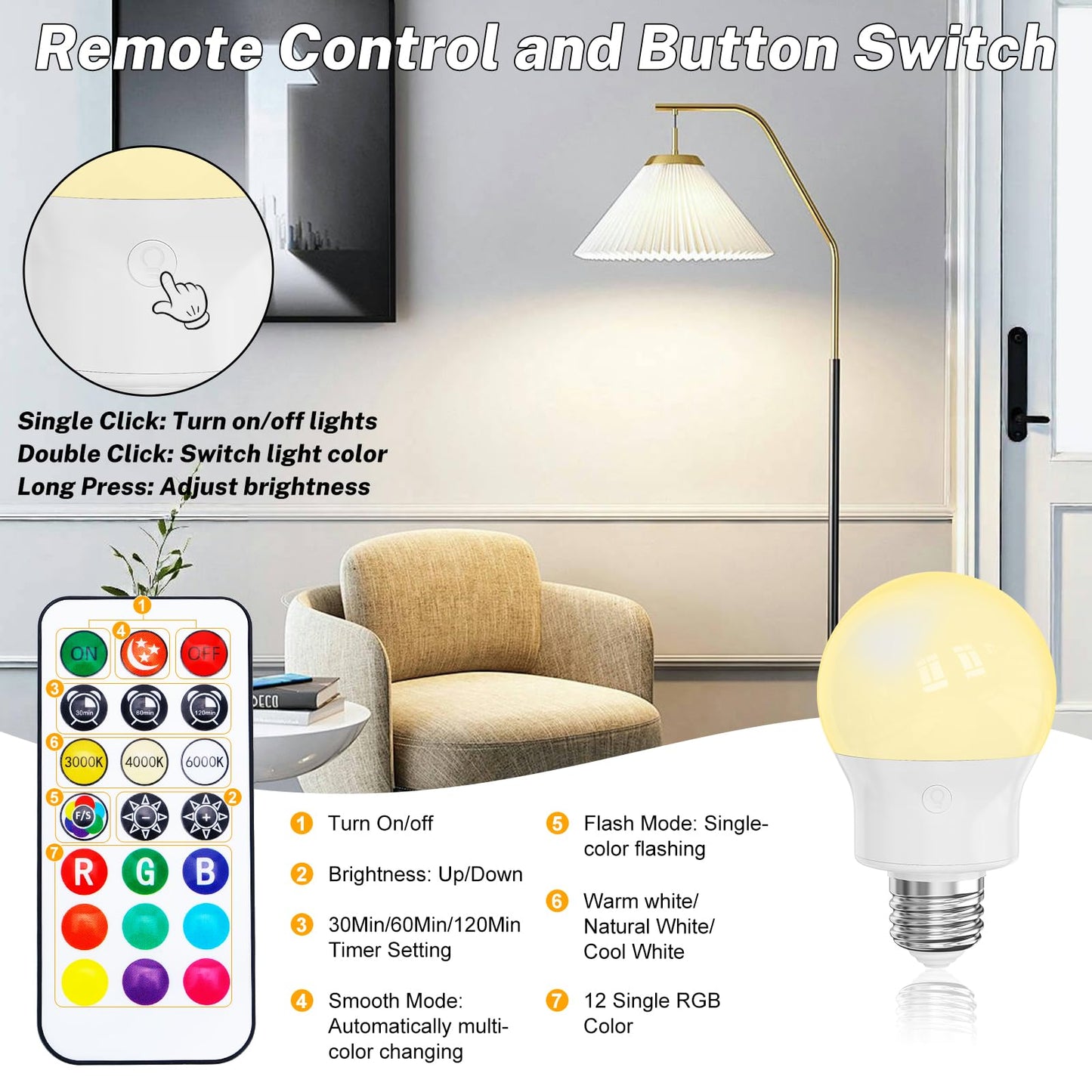 Rechargeable LED Light Bulbs with Remote, Dimmable Magnetic E12 Battery Operated Light Bulb, 12 RGB Colors, 480LM 40W Equivalent, 3 Timer,