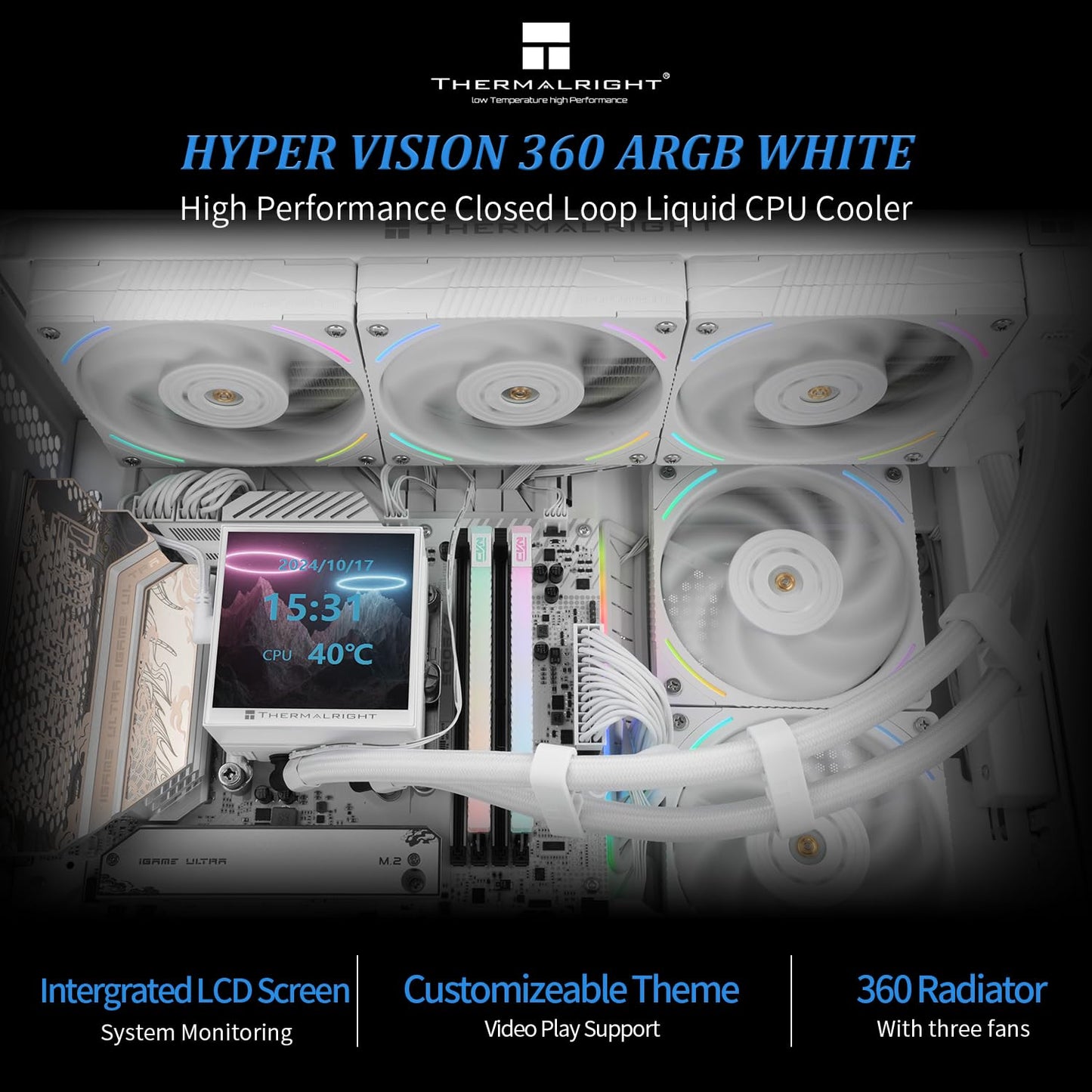 Thermalright Hyper Vision 360 ARGB White CPU AIO Cooler,PC 360 Specification Water Cooler System,3.95in Screen High Performance Pump,IPS LCD Screen