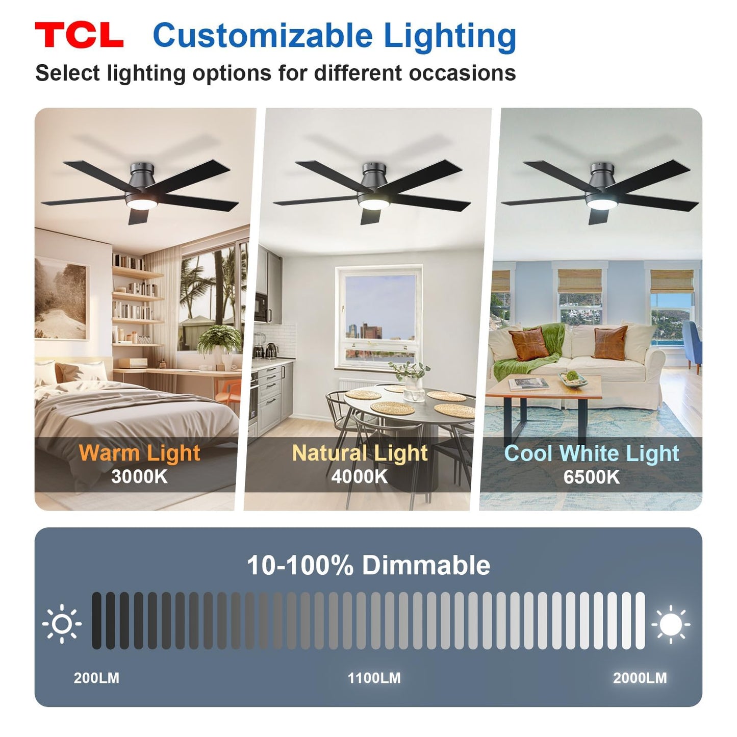 TCL 52" Black Flush Mount Ceiling Fan with Light & Remote