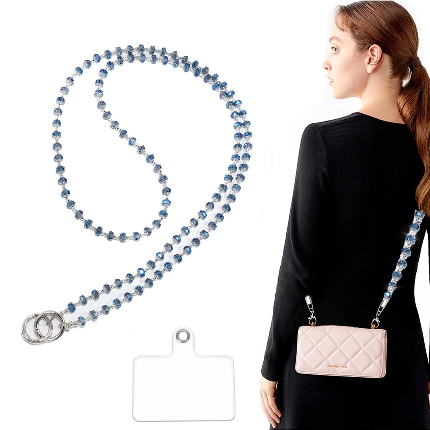 AOPNN High-end crystal lanyard Beaded Cellphone Lanyard Universal Suitable for most mobile phones and bags Keys, ID and Badges (Crystal blue)
