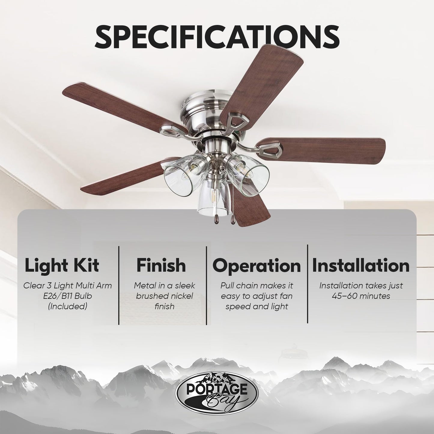Portage Bay Renton Ceiling Fan with 3 Speeds & LED Light Bulbs, 42", Brushed Nickel - Quiet Indoor Air Cooling with 5 Reversible Blades & Pull-Chains